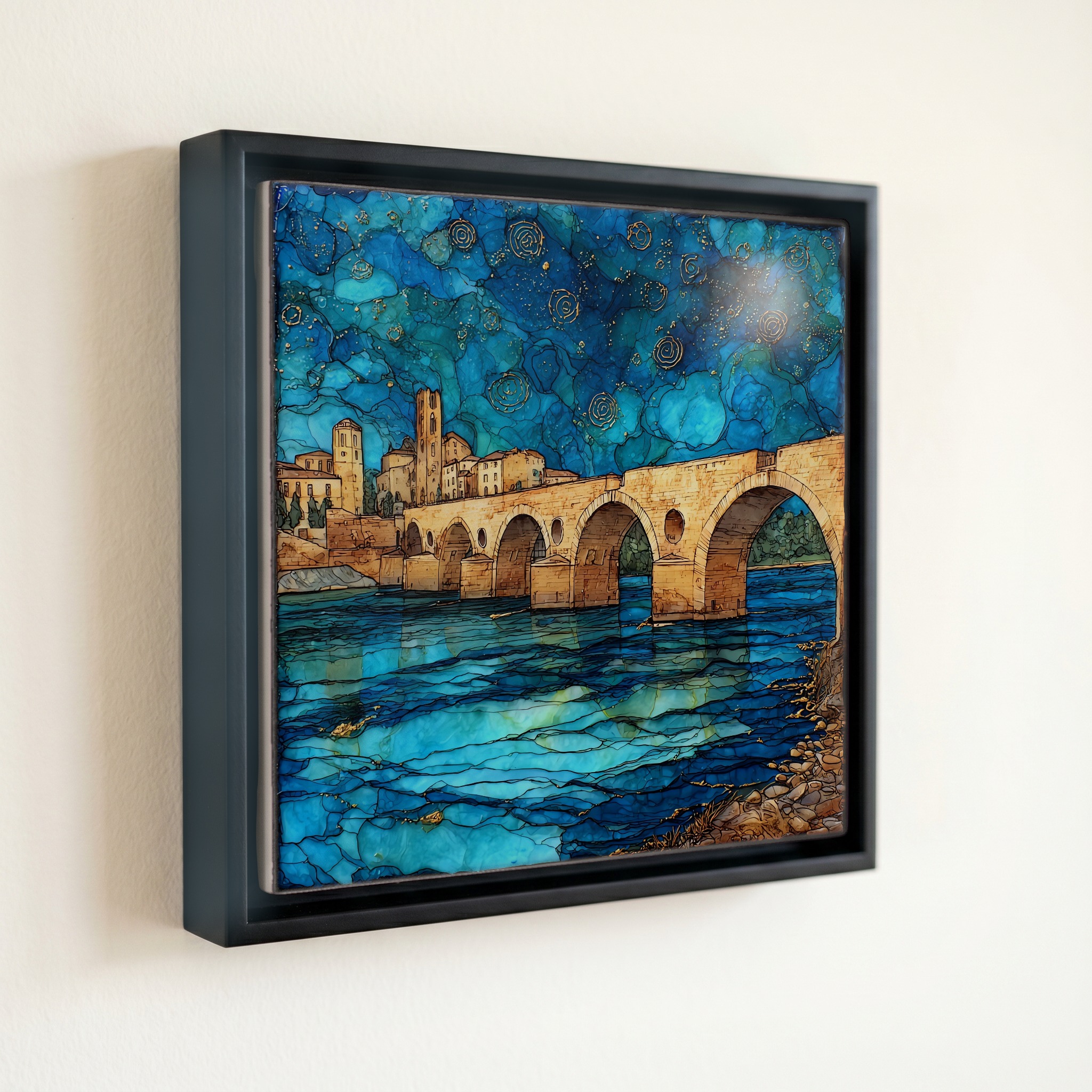 shown in a slim black floating frame · 6 × 6 in