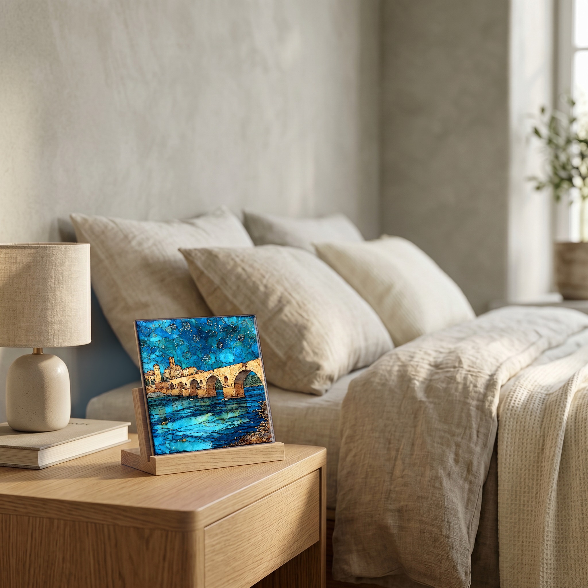On the nightstand, on a light oak stand.