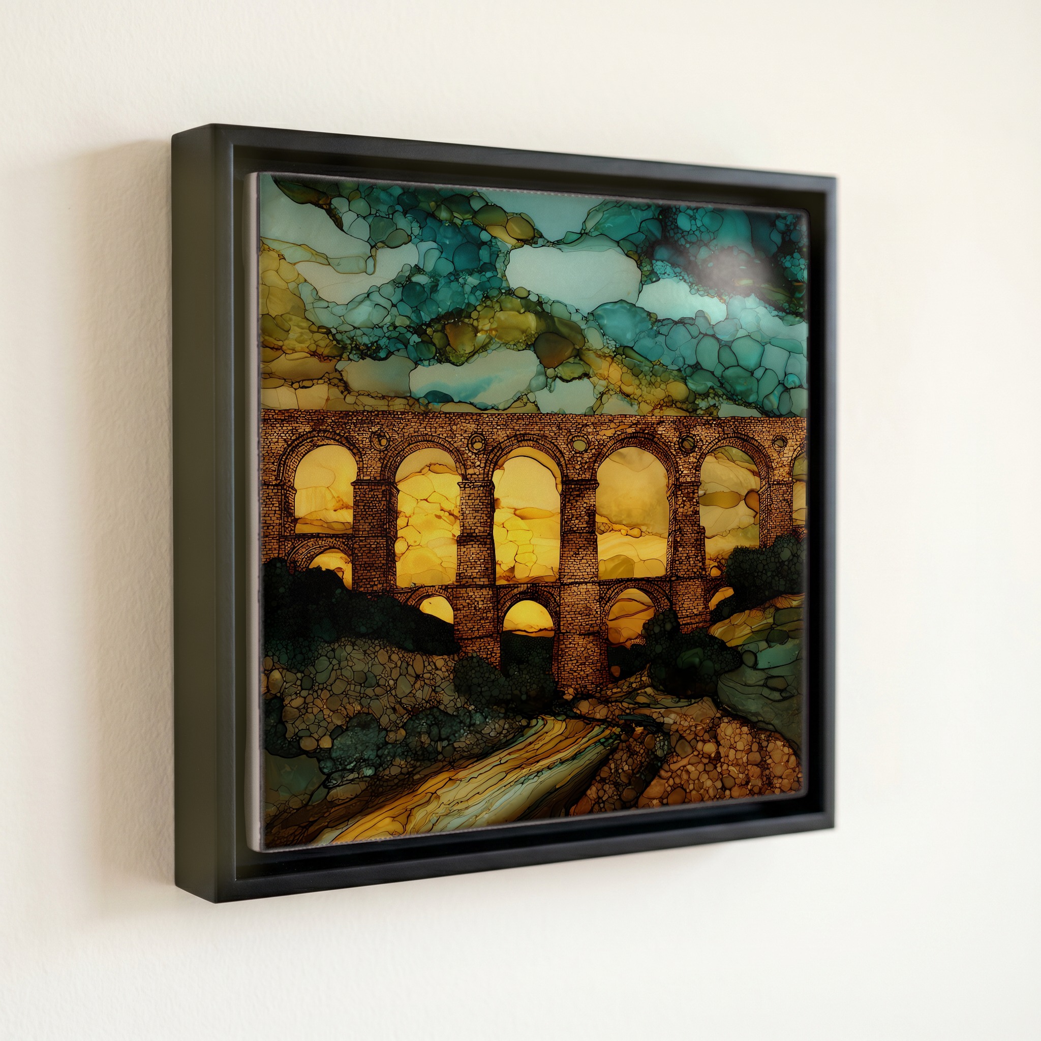 shown in a slim black floating frame · 6 × 6 in