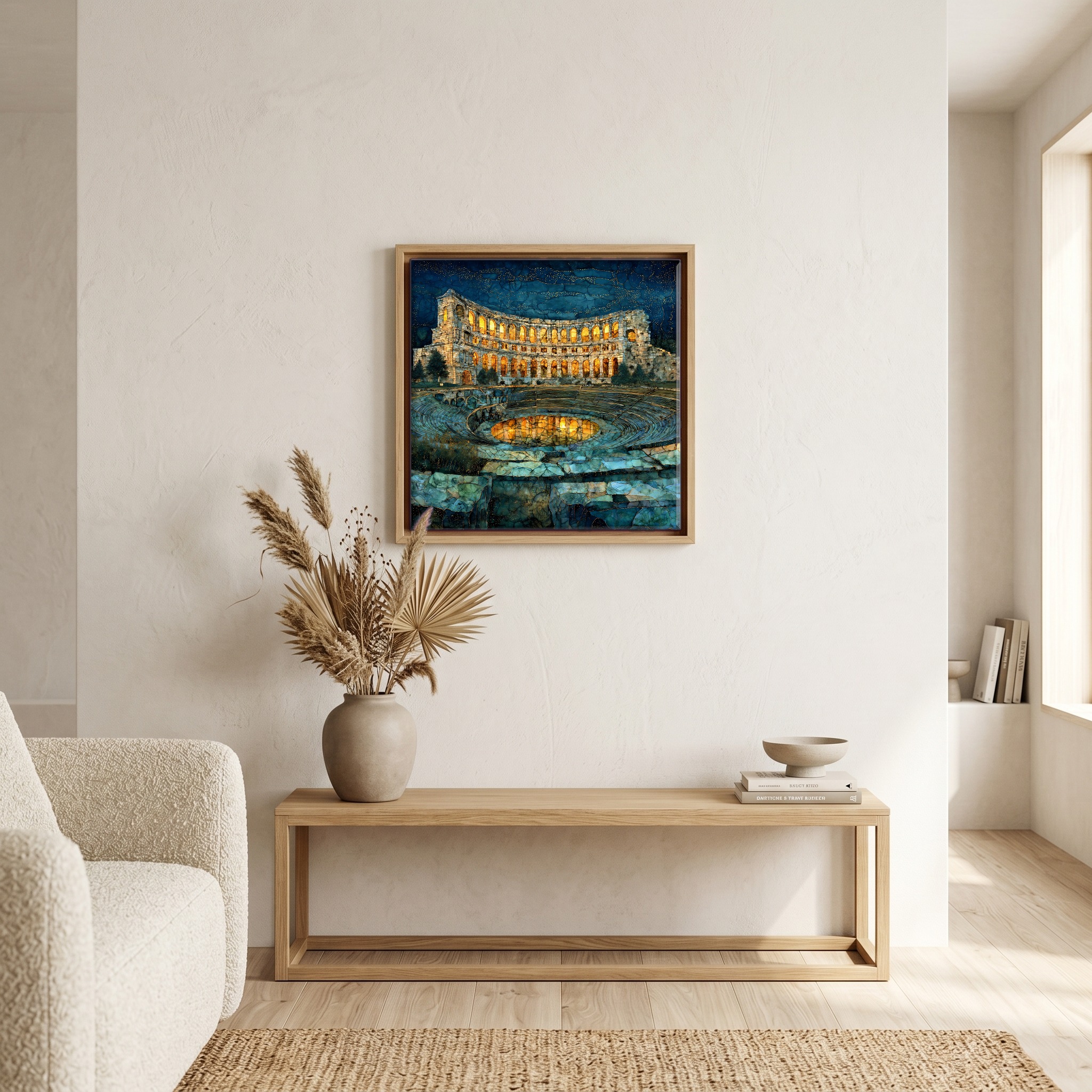 Above the bench, in a warm oak surround.