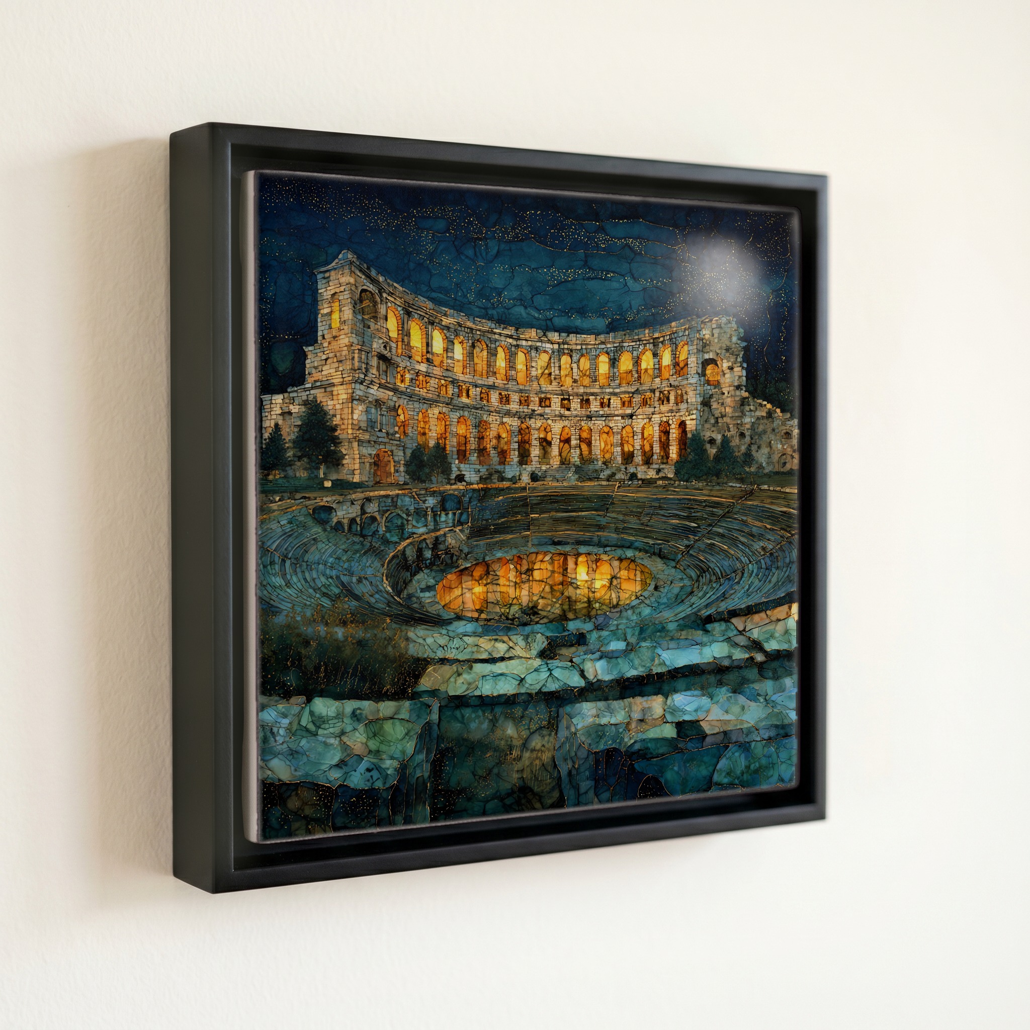 shown in a slim black floating frame · 6 × 6 in