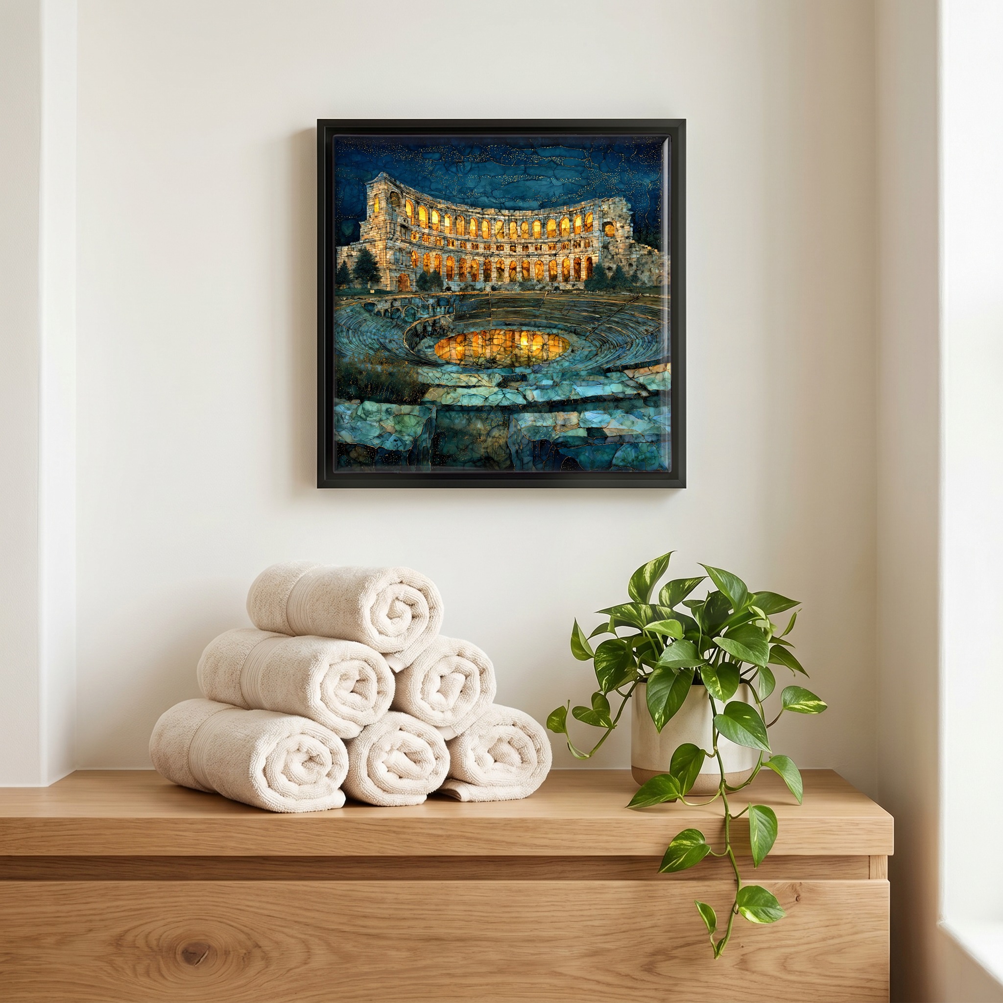 Above the linens, in a slim black surround.