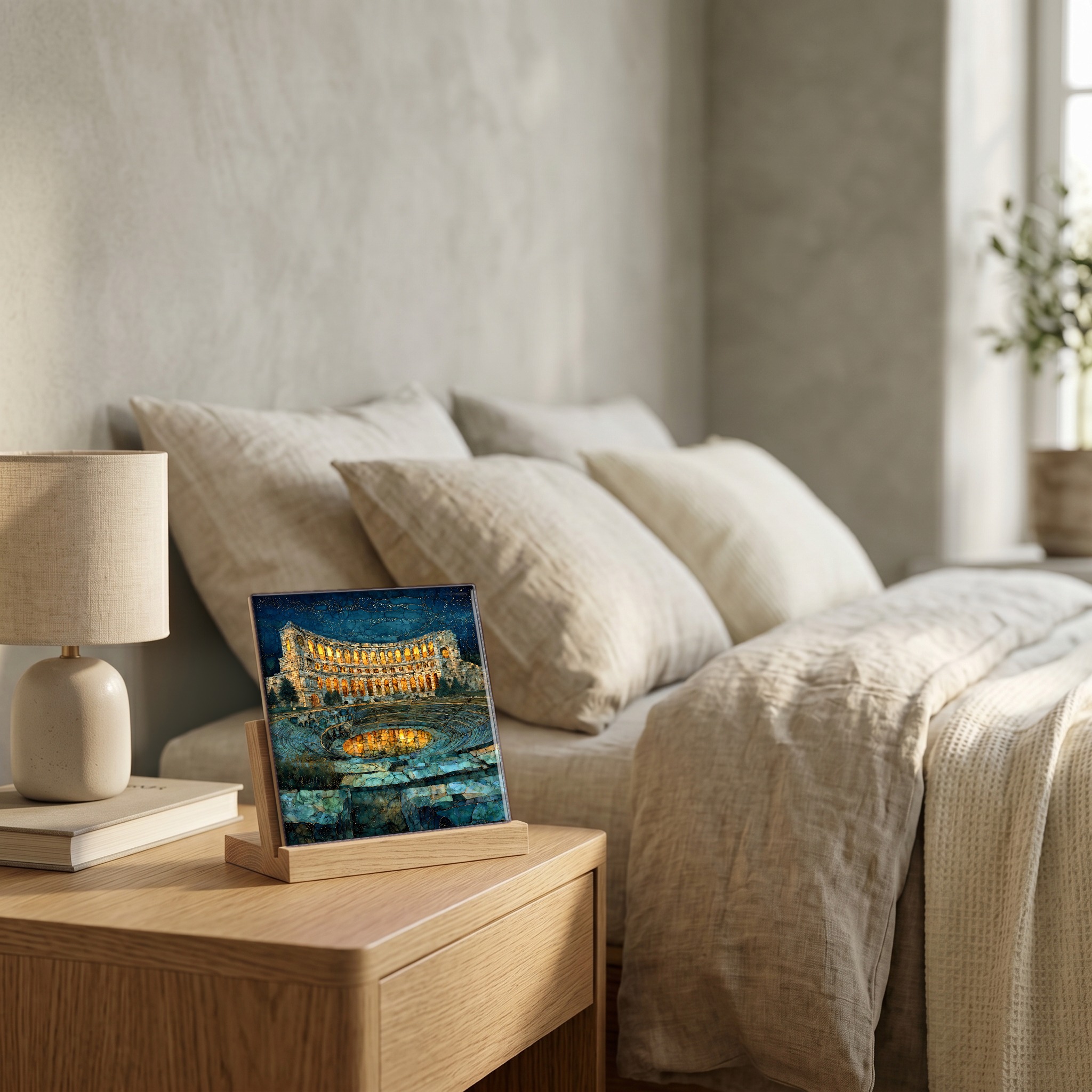 On the nightstand, on a light oak stand.