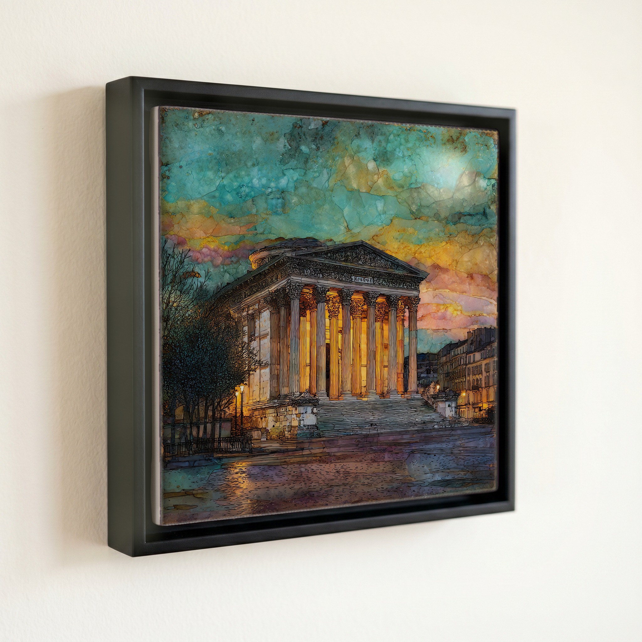 shown in a slim black floating frame · 6 × 6 in