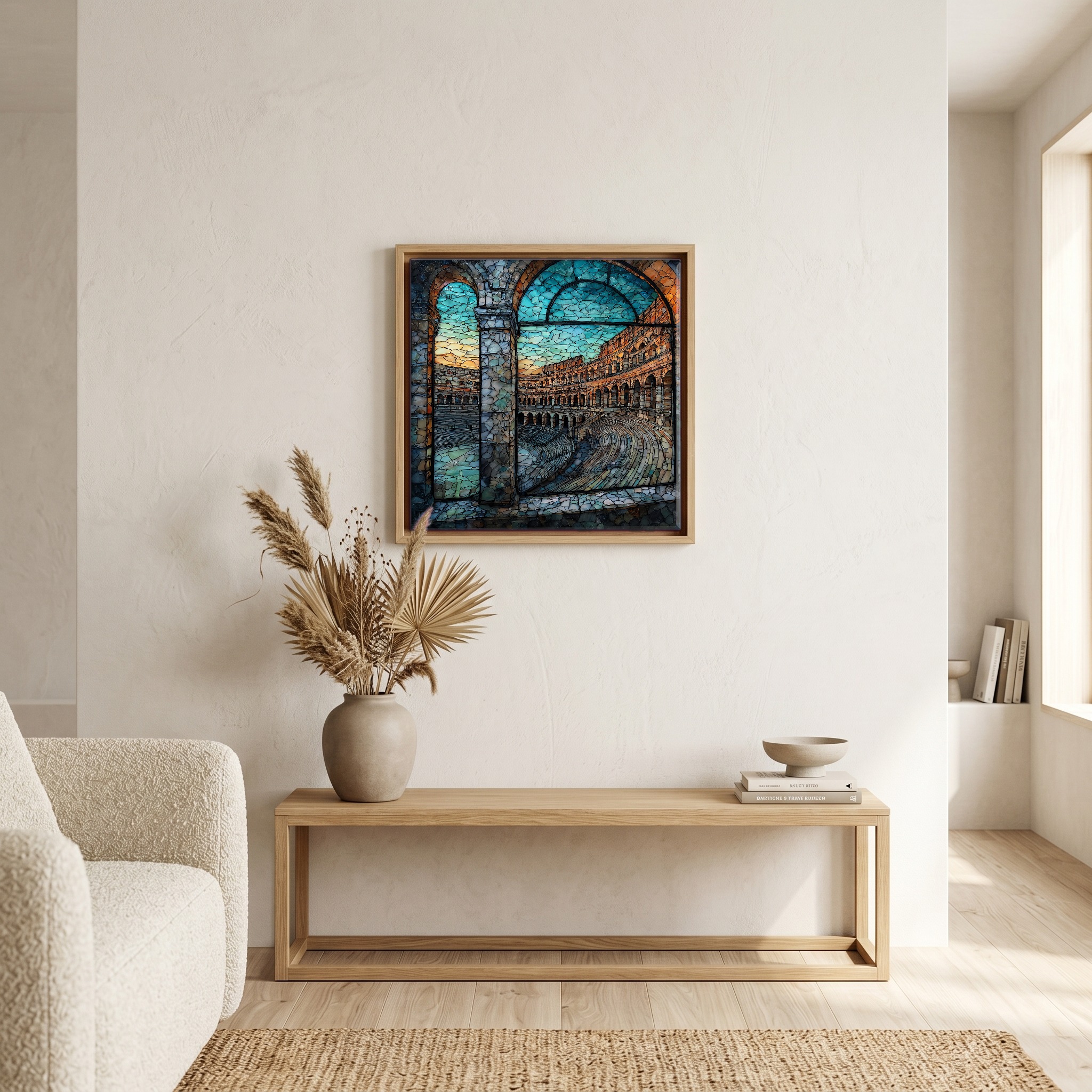 Above the bench, in a warm oak surround.