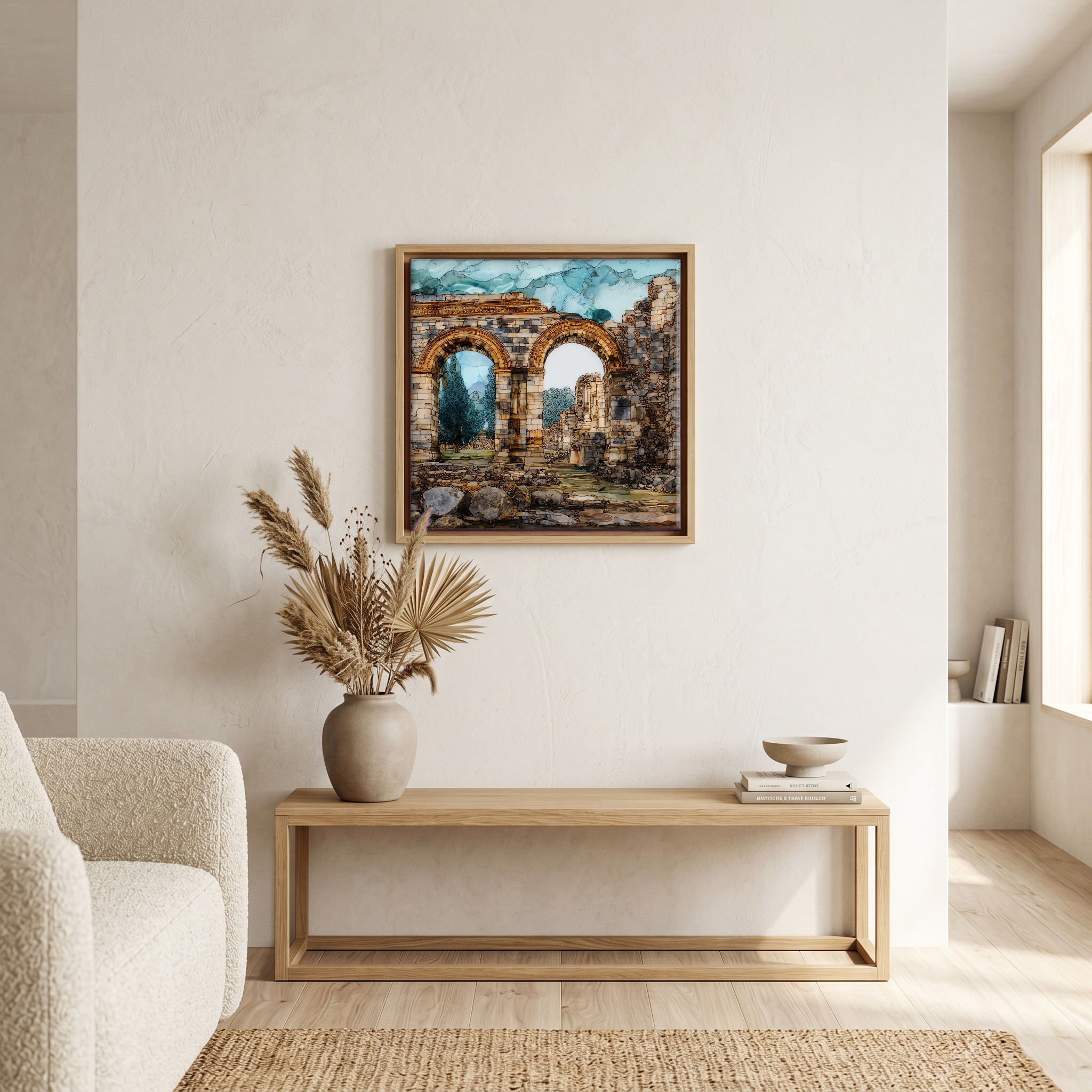 Above the bench, in a warm oak surround.