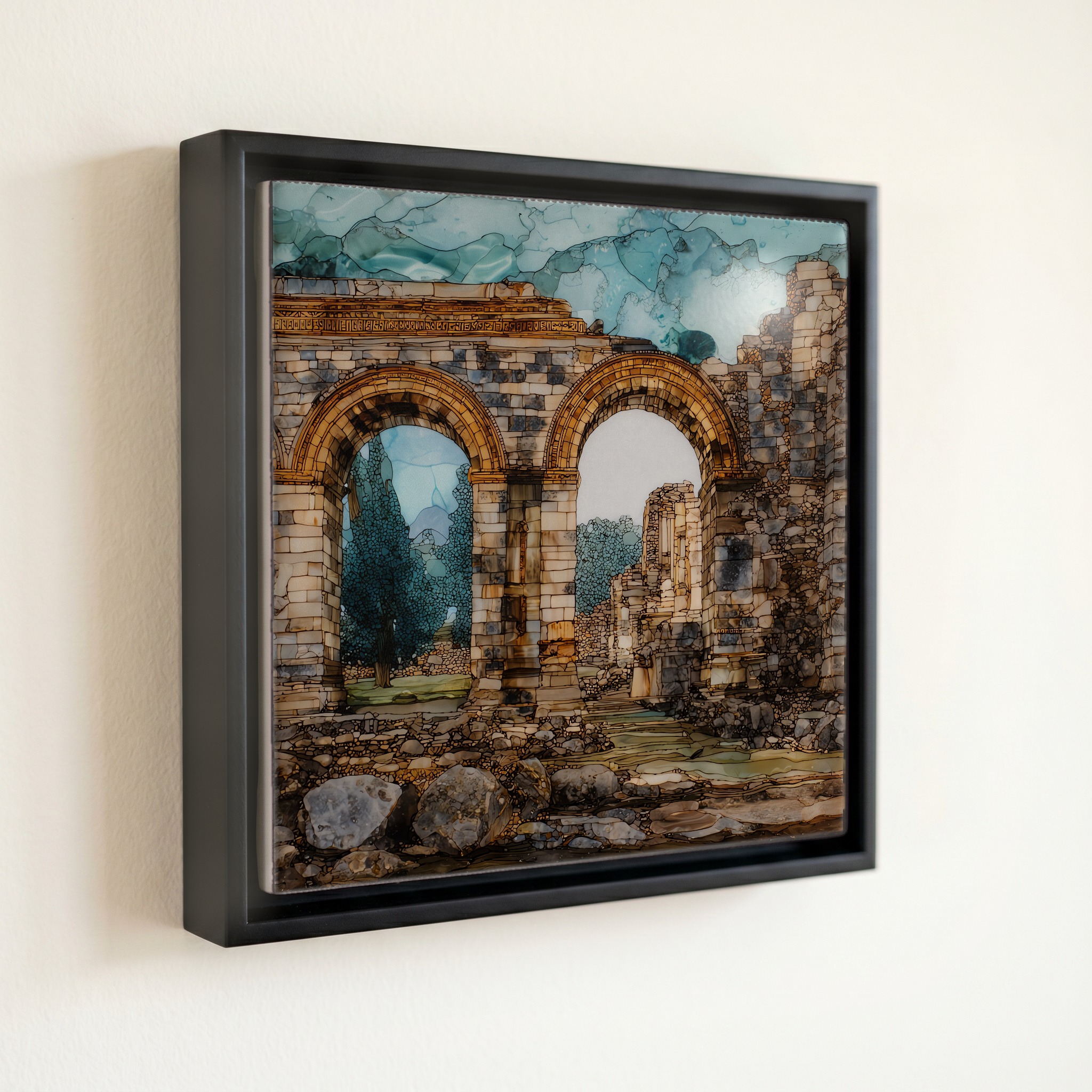shown in a slim black floating frame · 6 × 6 in