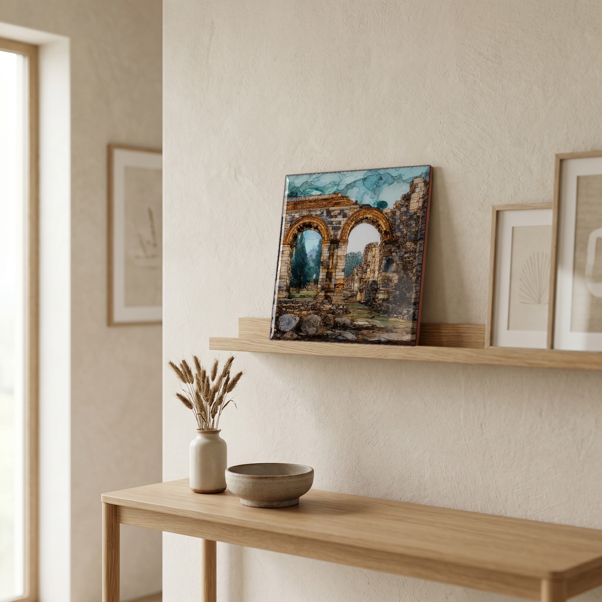 On a picture ledge, where the light comes in.