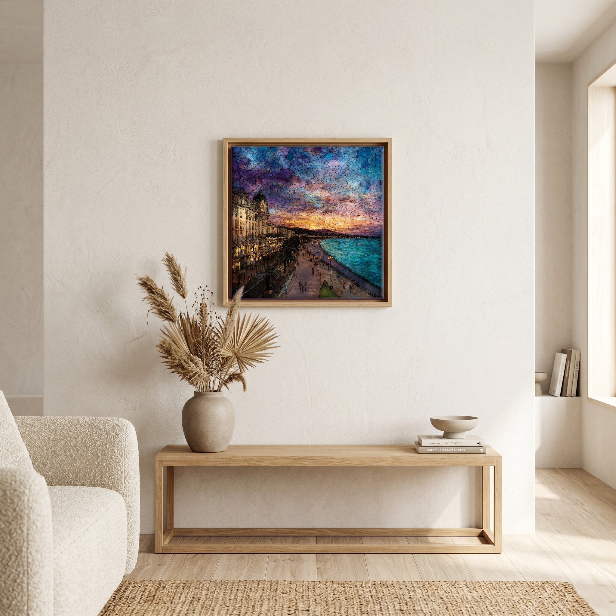 Above the bench, in a warm oak surround.