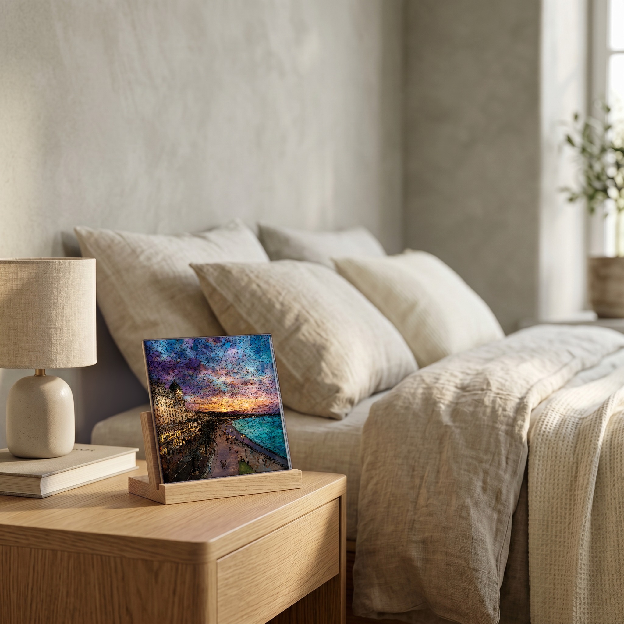 On the nightstand, on a light oak stand.