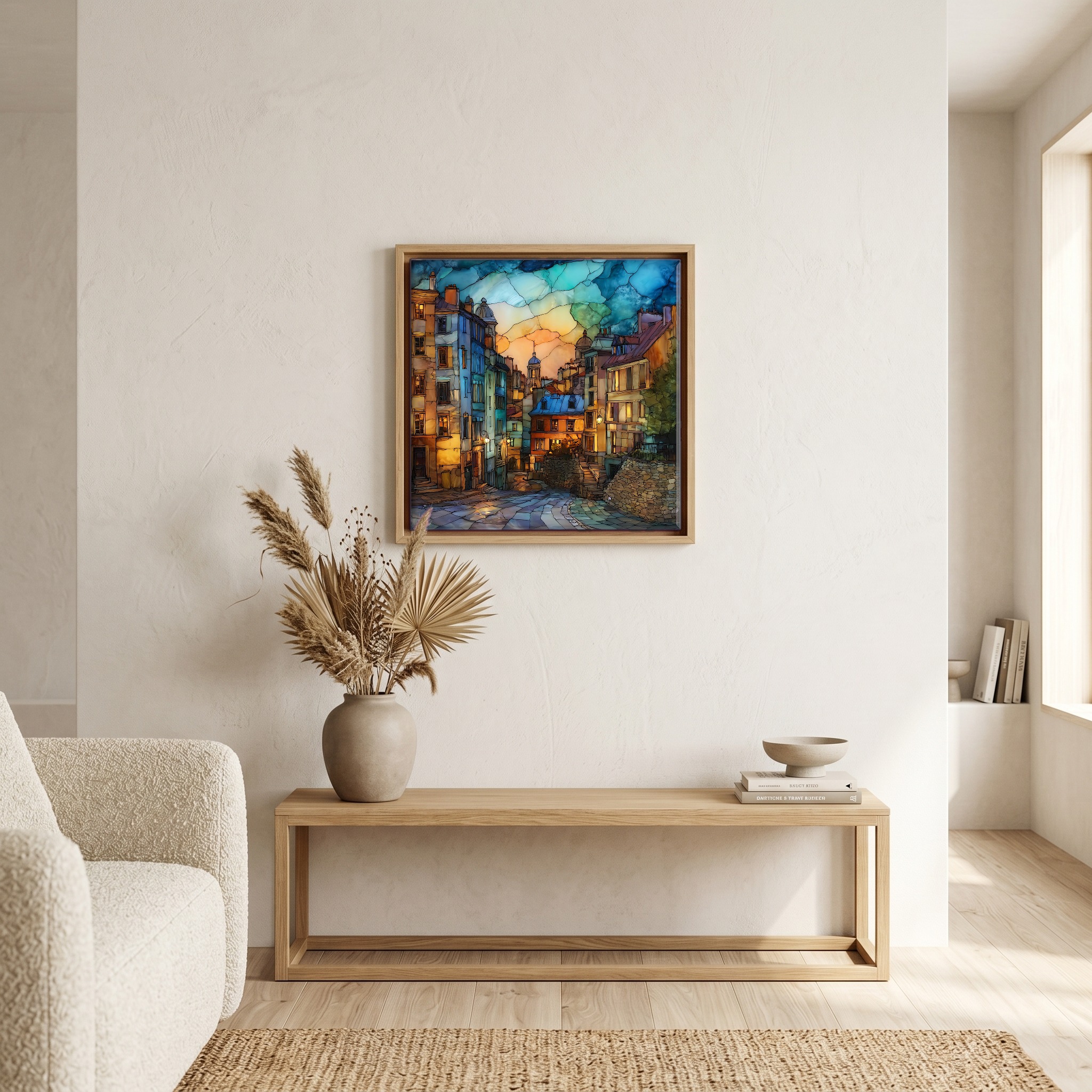 Above the bench, in a warm oak surround.