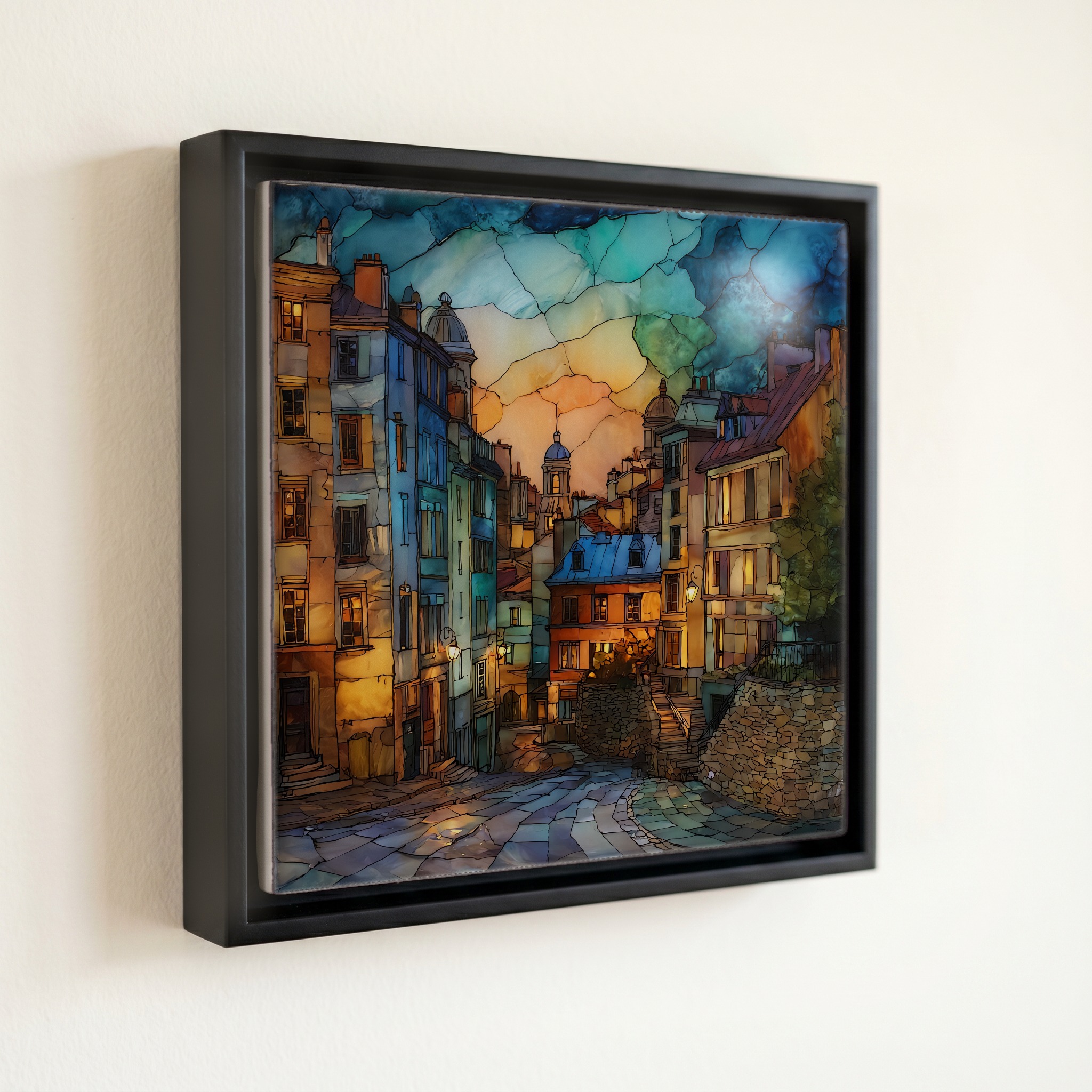 shown in a slim black floating frame · 6 × 6 in