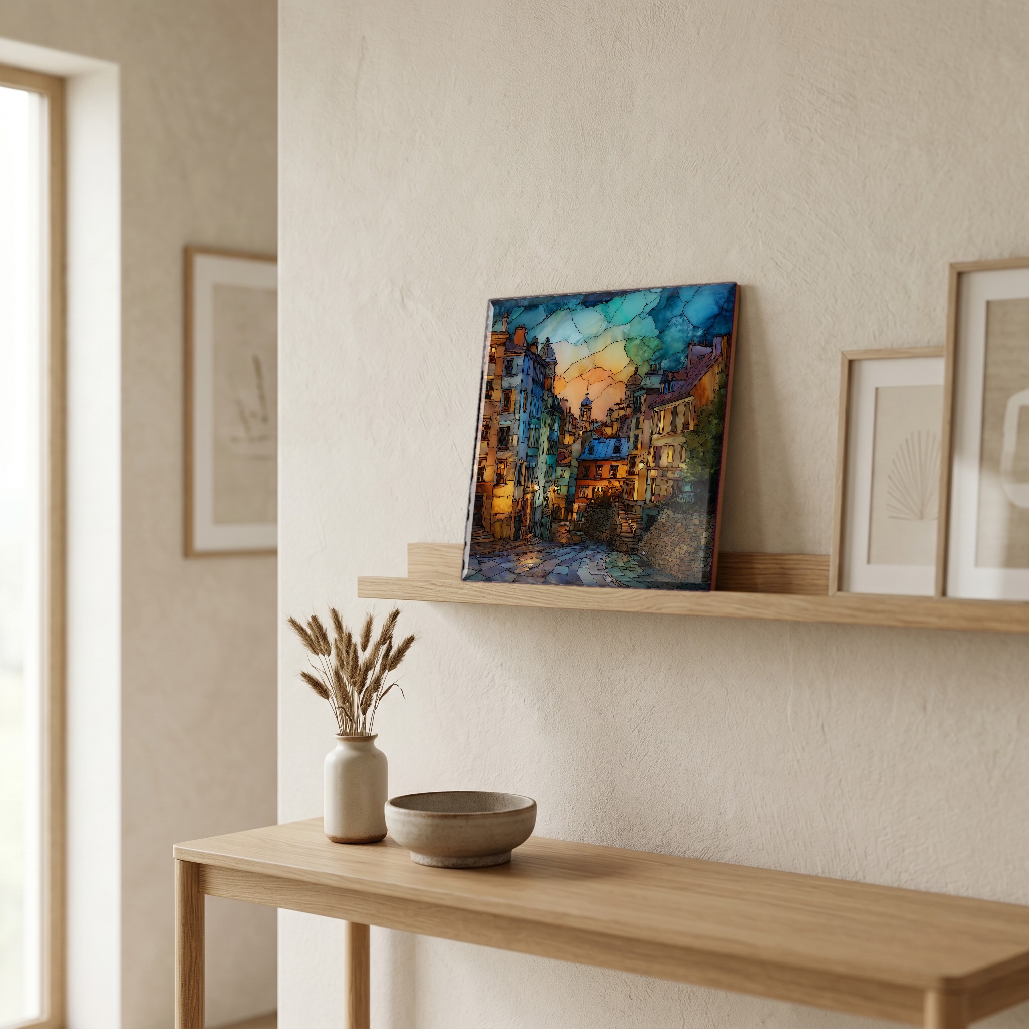 On a picture ledge, where the light comes in.