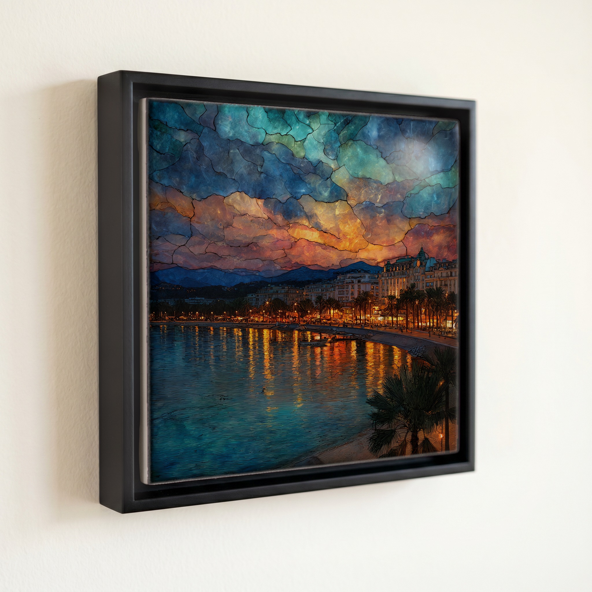 shown in a slim black floating frame · 6 × 6 in