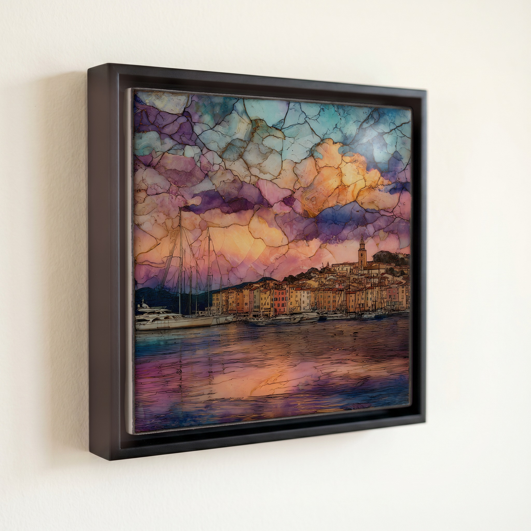 shown in a slim black floating frame · 6 × 6 in