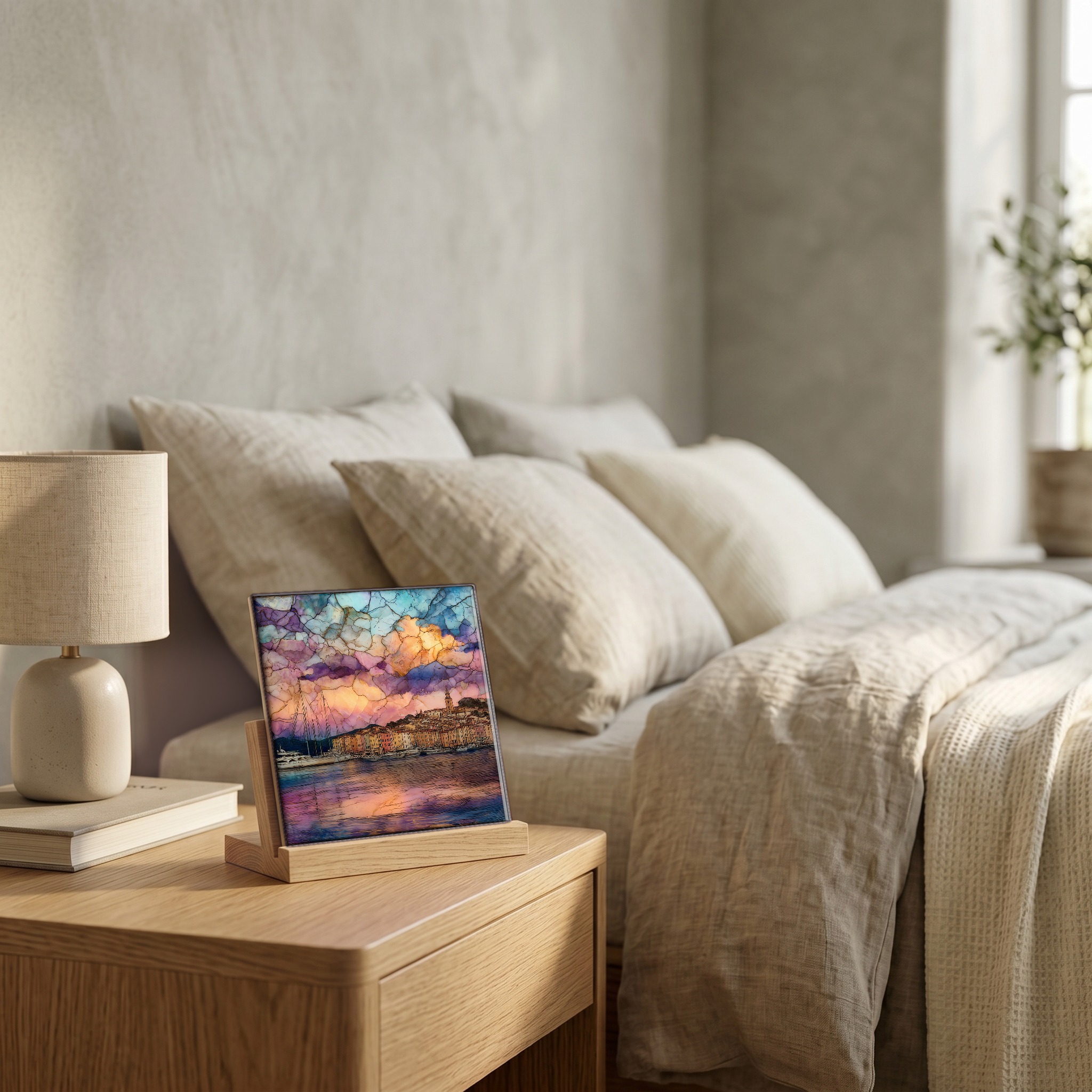 On the nightstand, on a light oak stand.