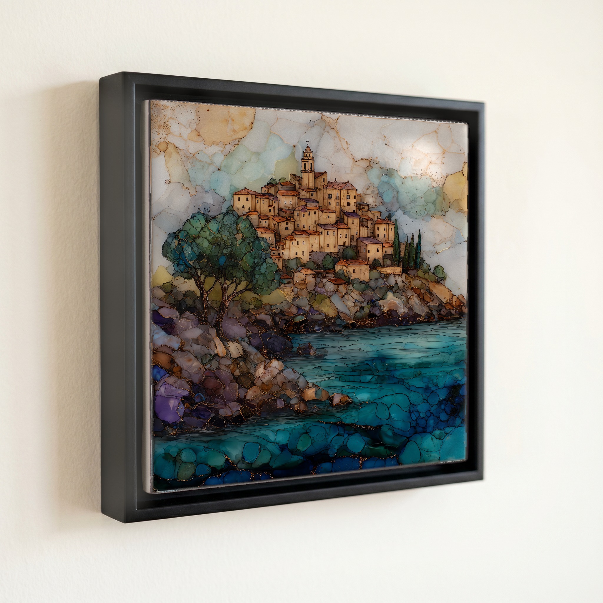 shown in a slim black floating frame · 6 × 6 in