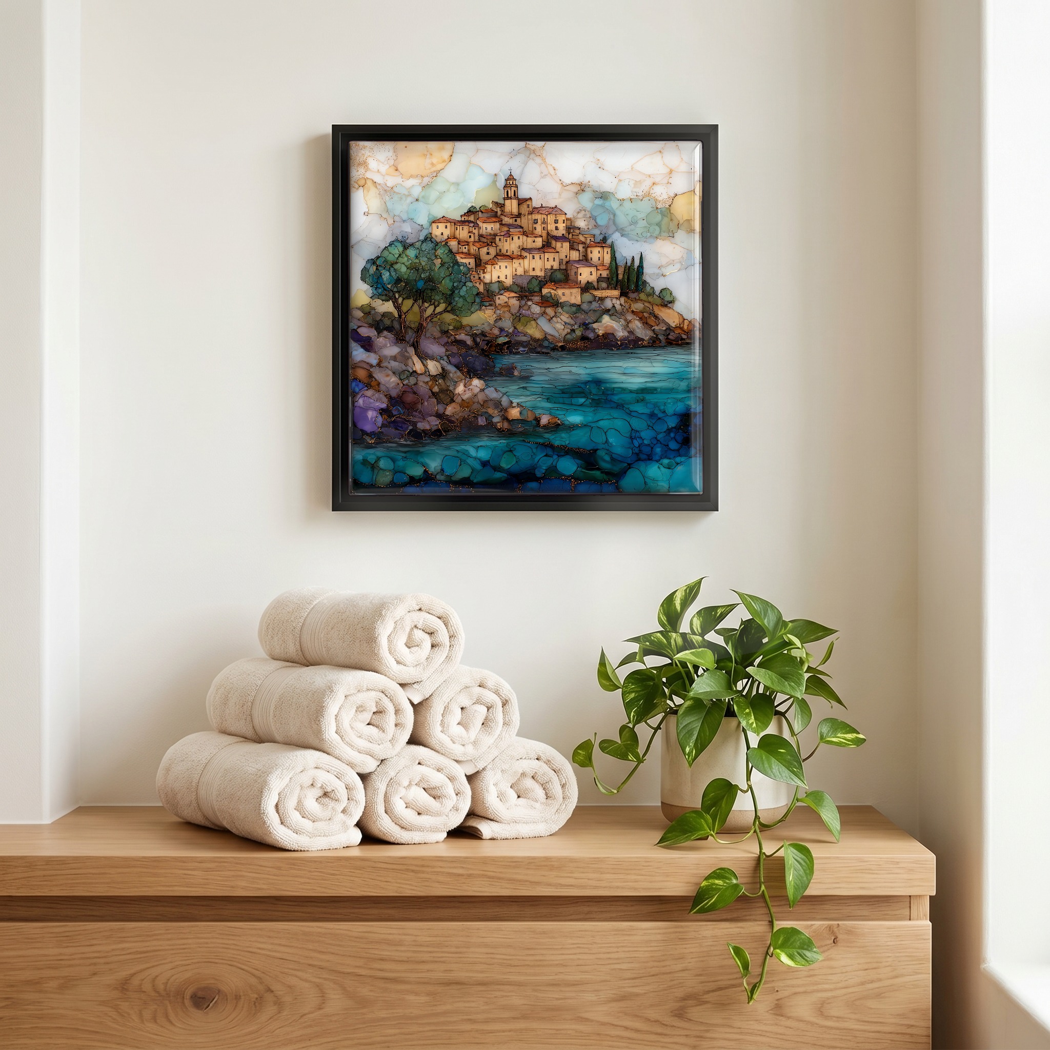 Above the linens, in a slim black surround.