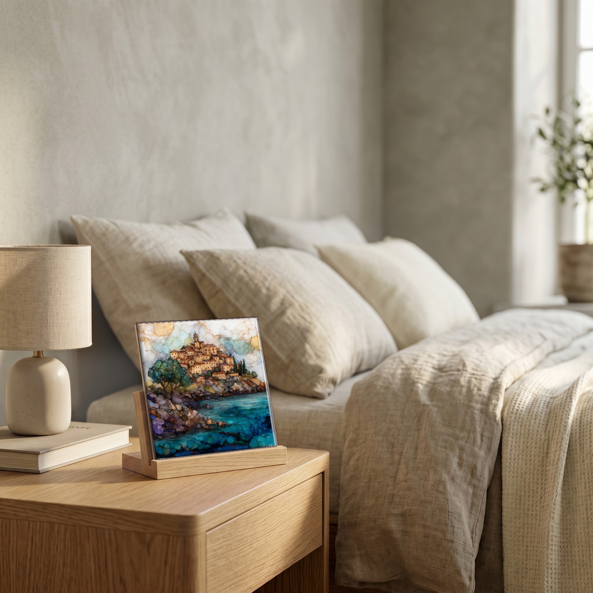 On the nightstand, on a light oak stand.