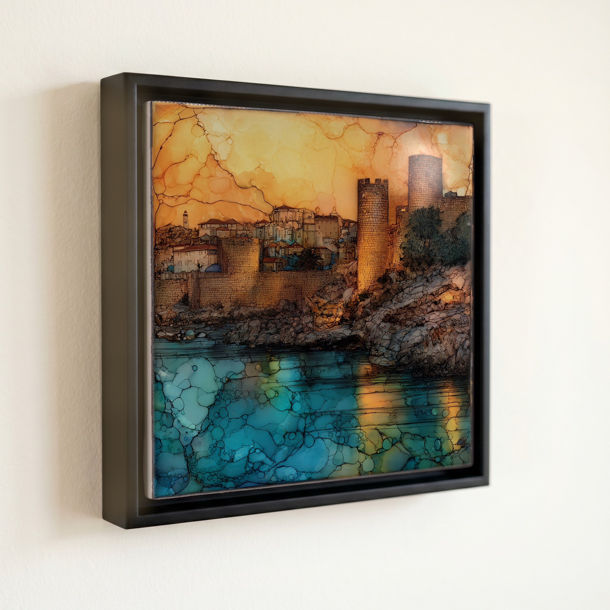 shown in a slim black floating frame · 6 × 6 in