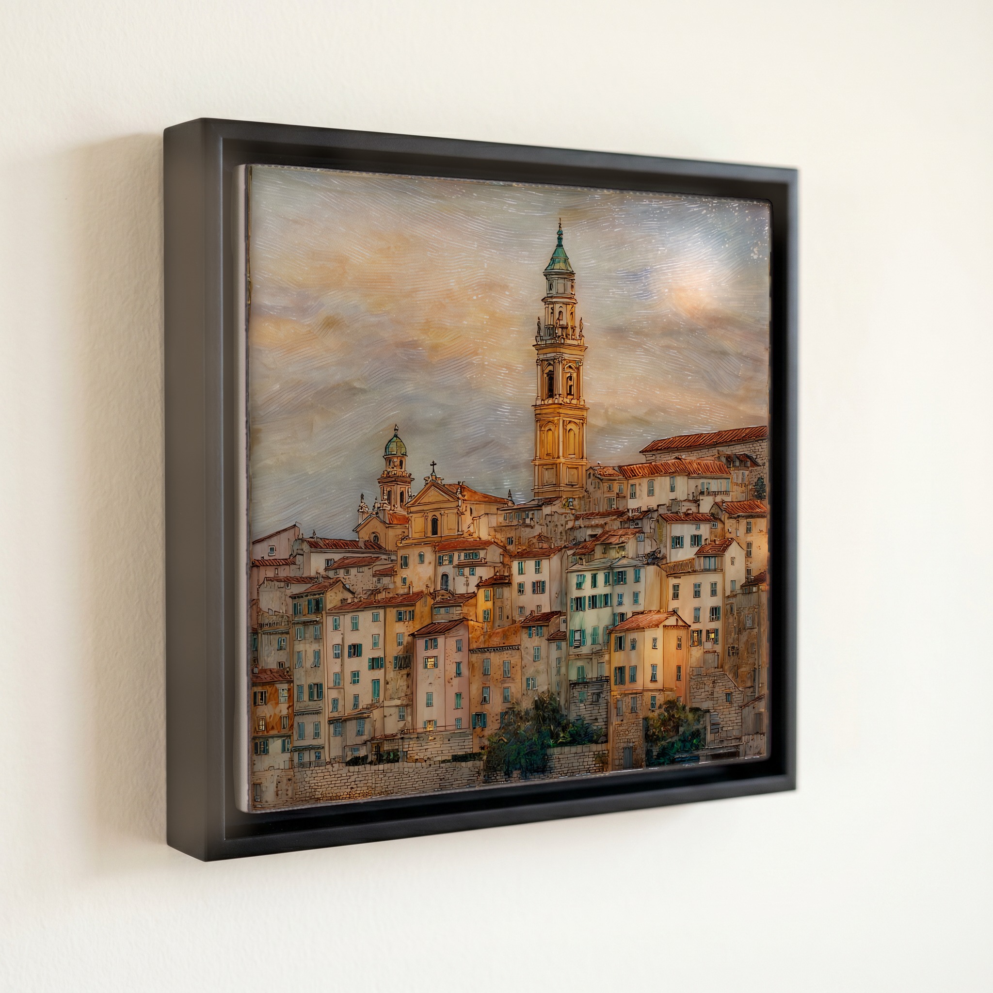 shown in a slim black floating frame · 6 × 6 in