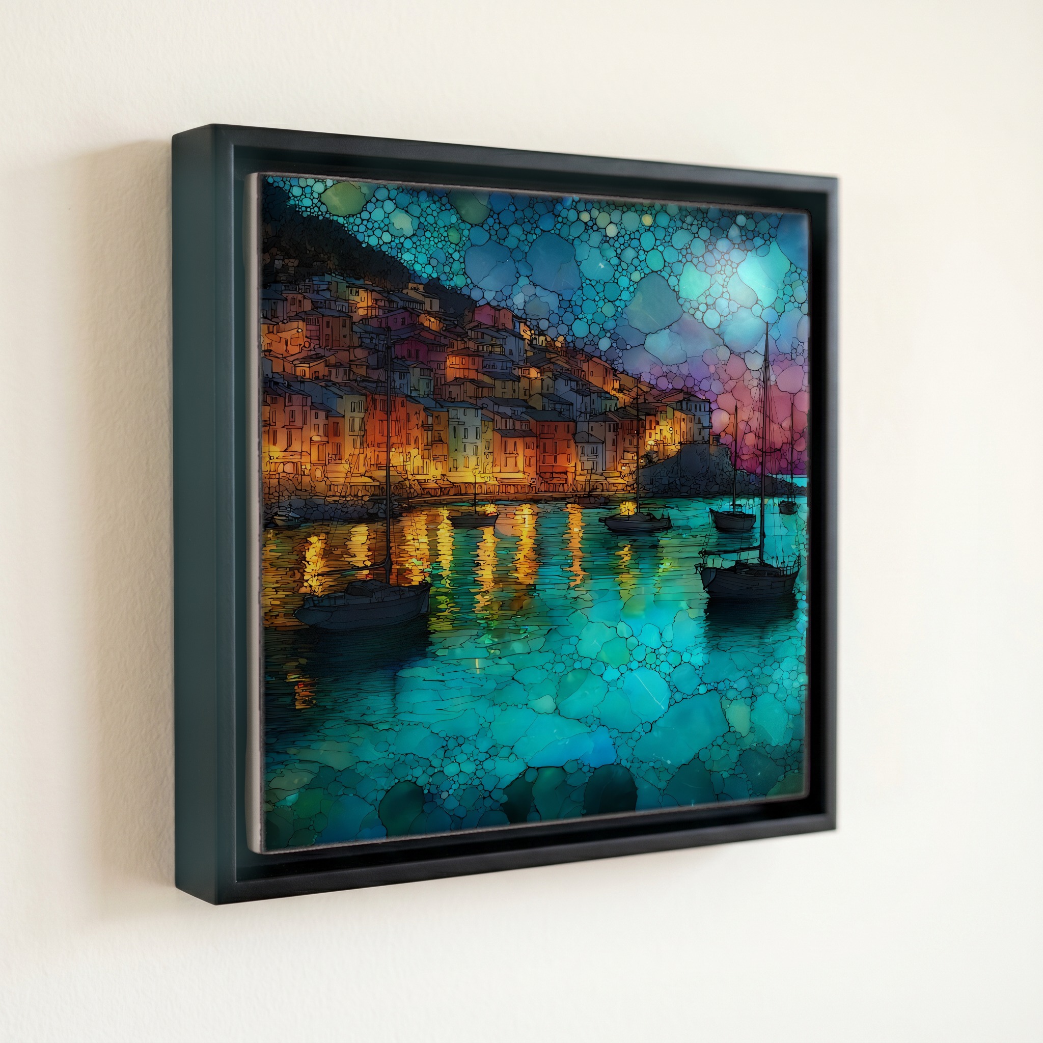 shown in a slim black floating frame · 6 × 6 in