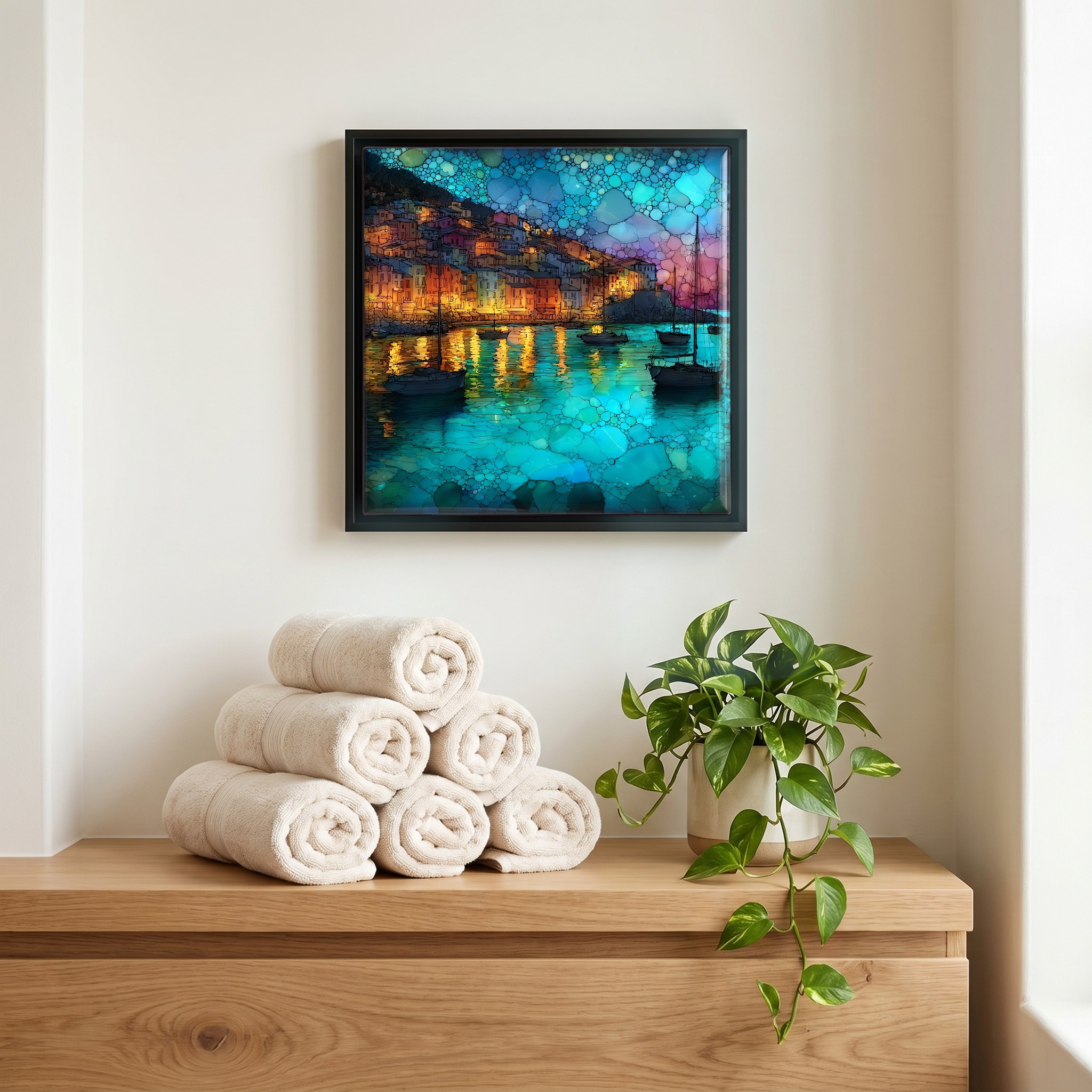 Above the linens, in a slim black surround.