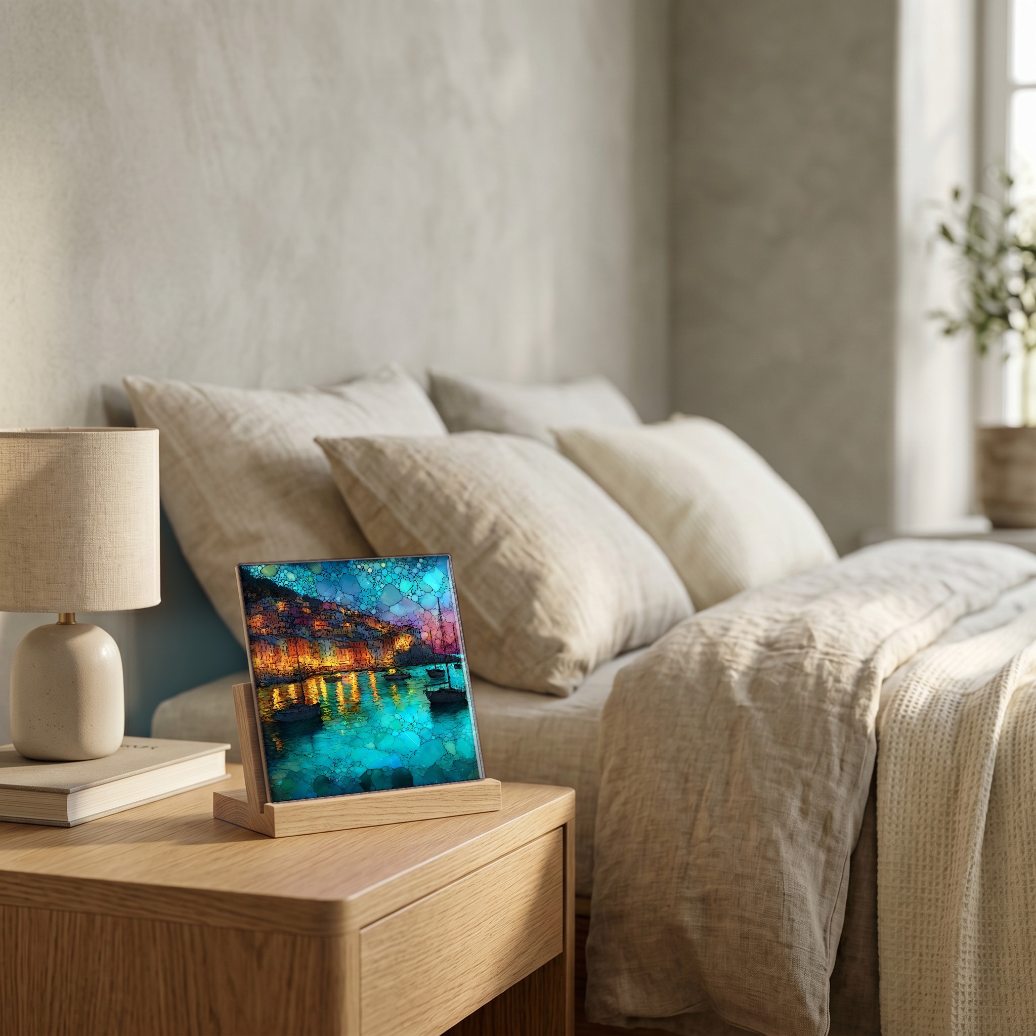 On the nightstand, on a light oak stand.