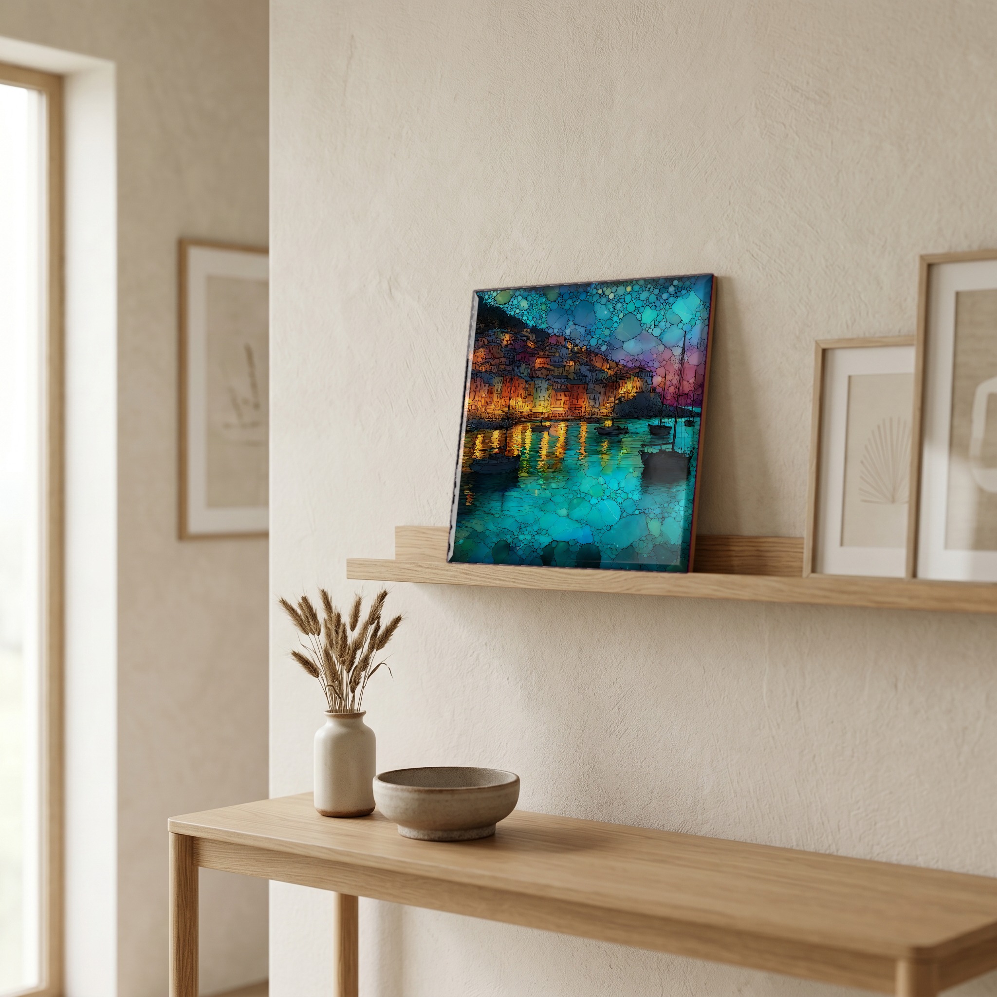 On a picture ledge, where the light comes in.