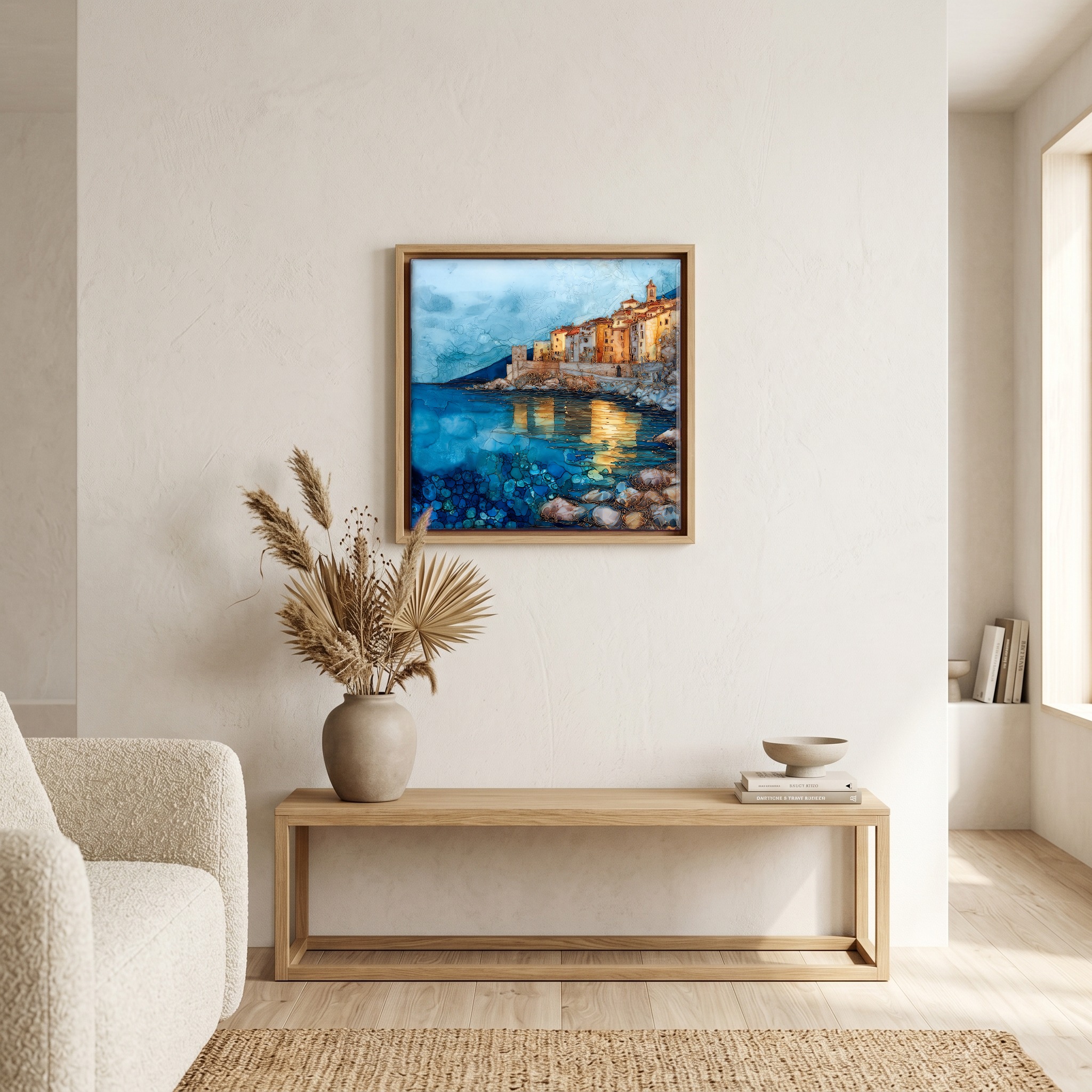 Above the bench, in a warm oak surround.
