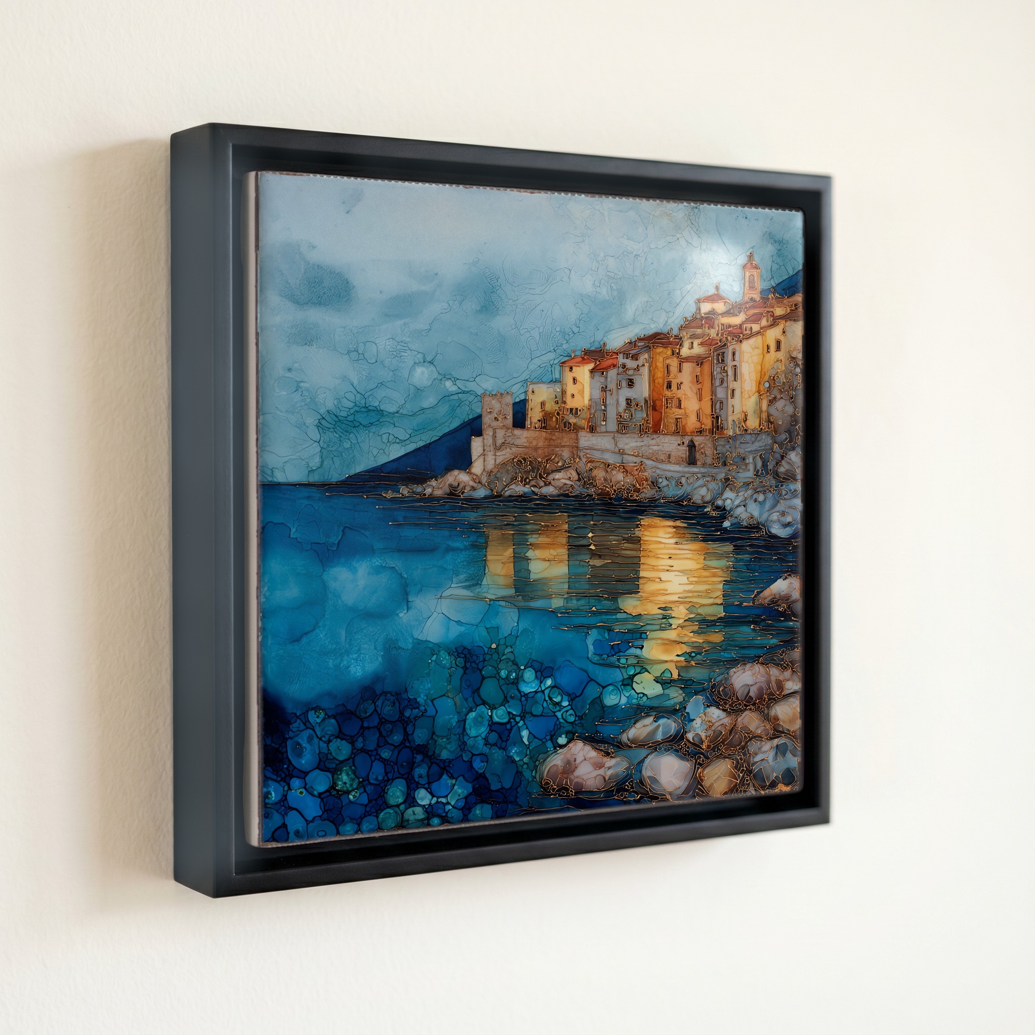shown in a slim black floating frame · 6 × 6 in