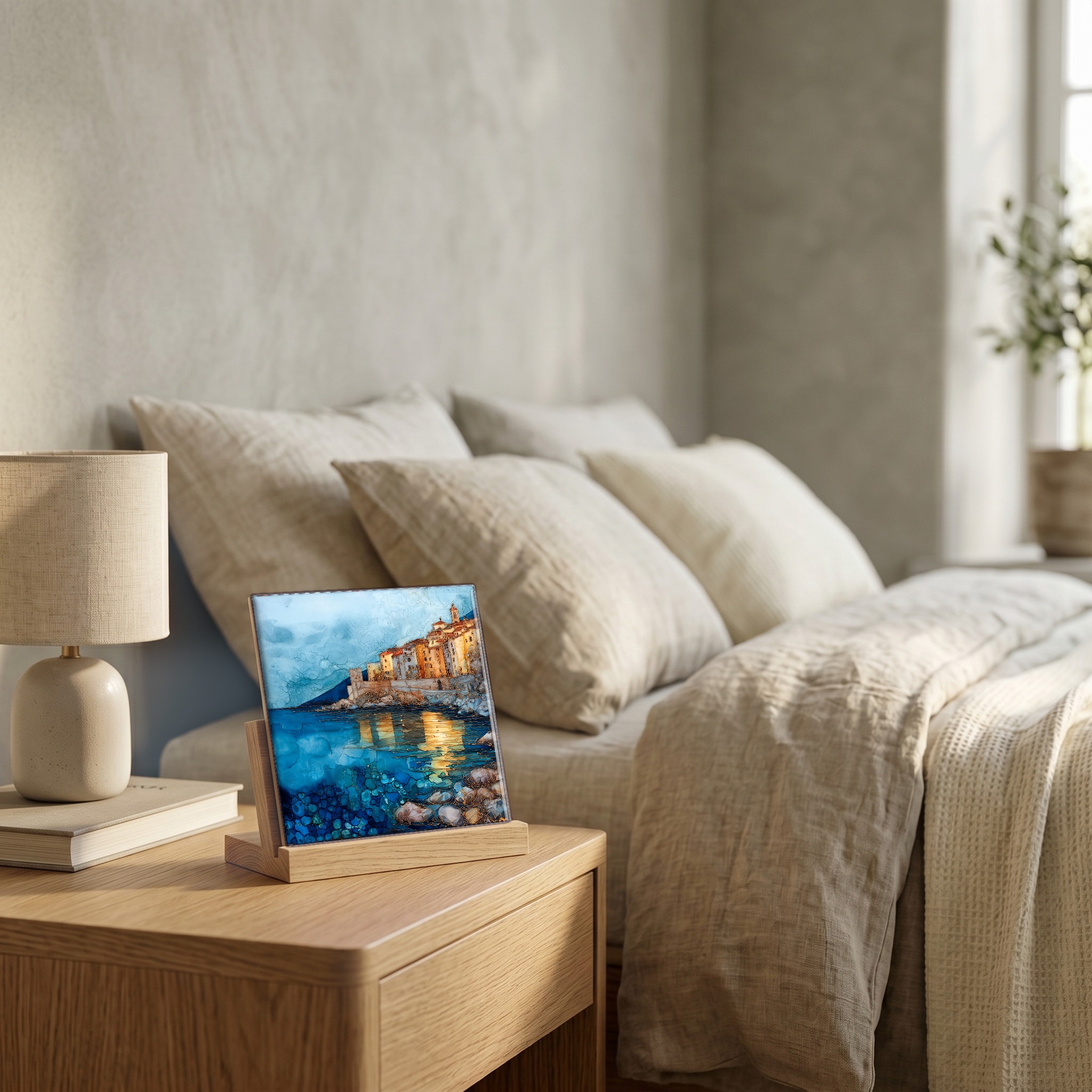 On the nightstand, on a light oak stand.
