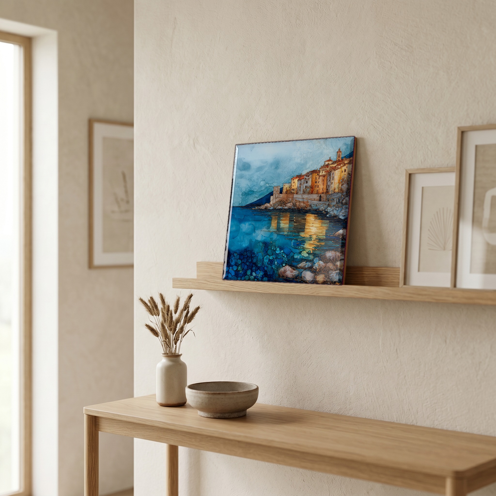 On a picture ledge, where the light comes in.