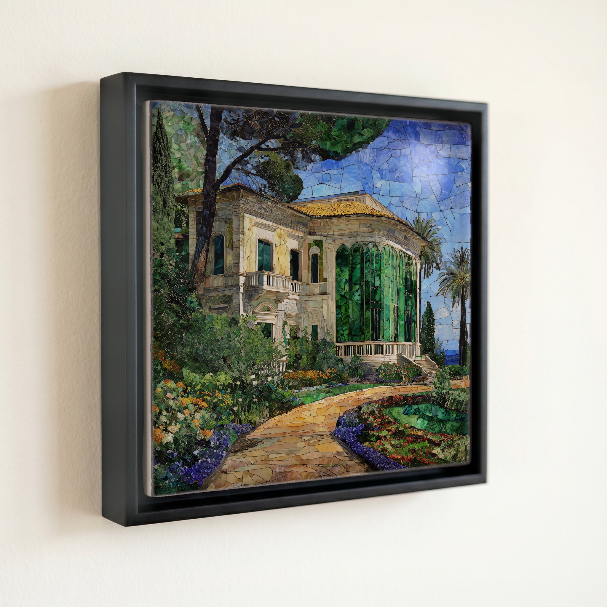 shown in a slim black floating frame · 6 × 6 in