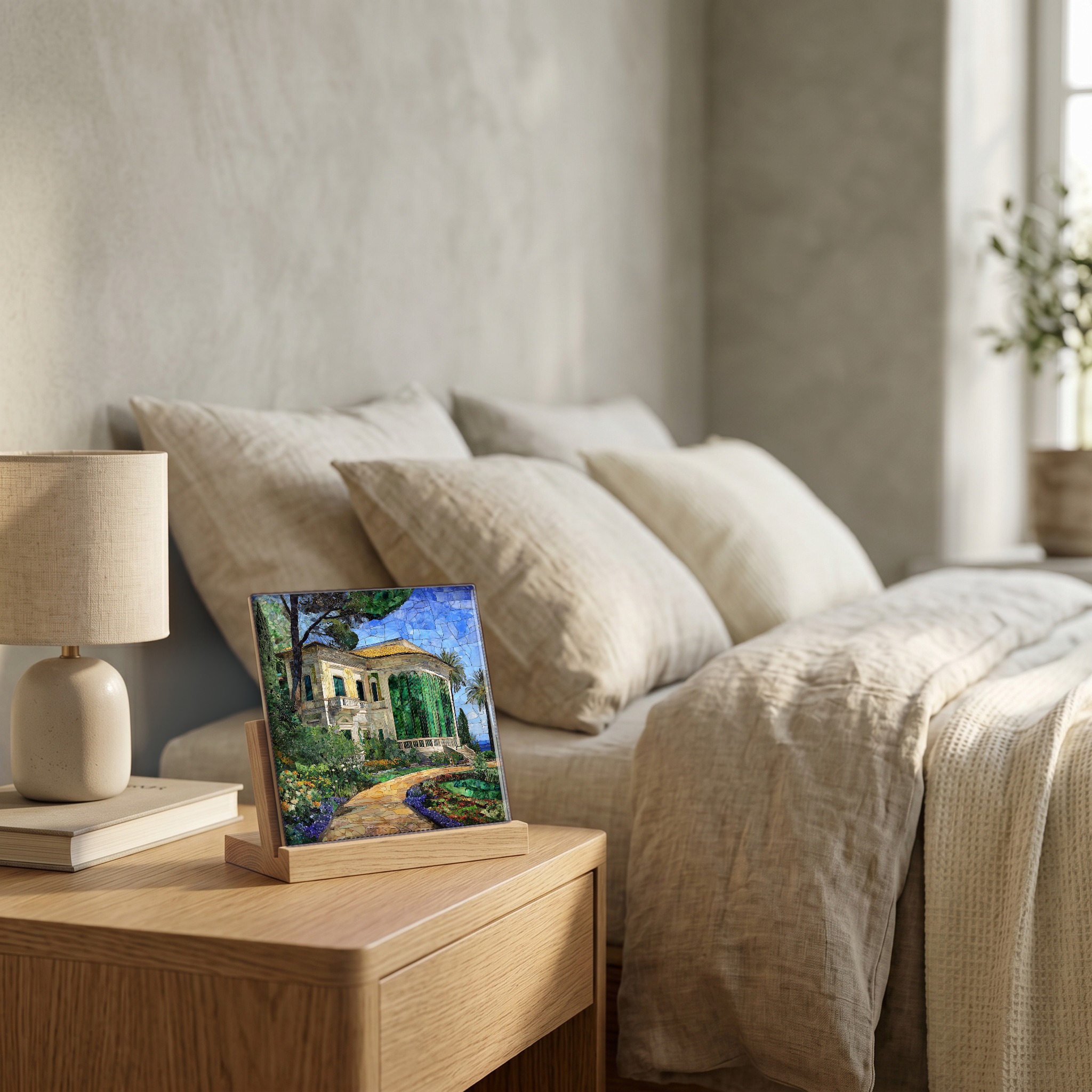 On the nightstand, on a light oak stand.