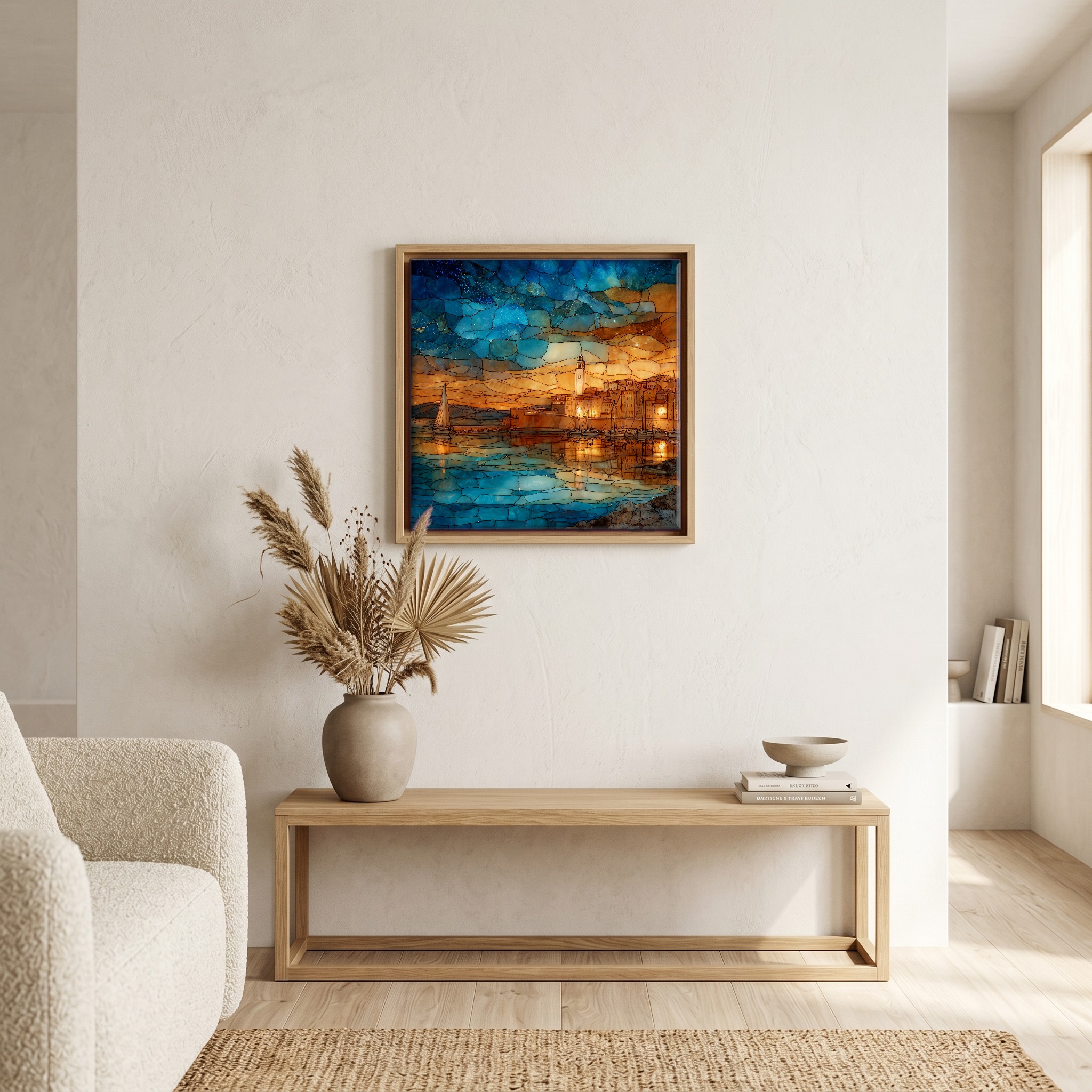 Above the bench, in a warm oak surround.