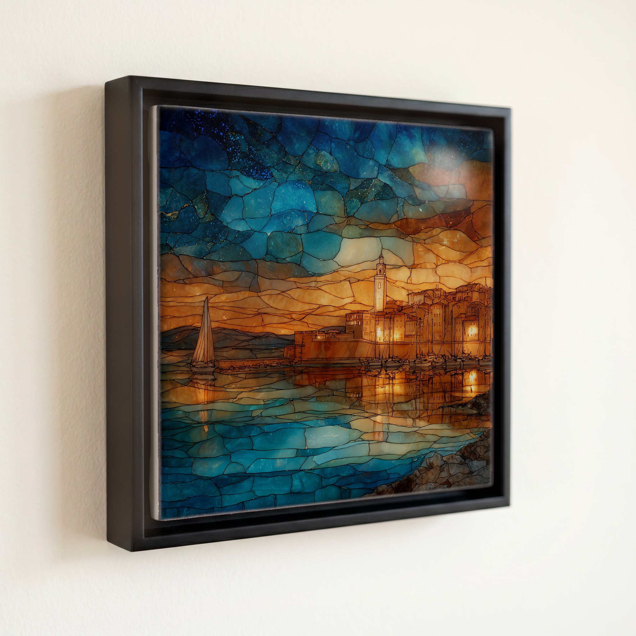 shown in a slim black floating frame · 6 × 6 in