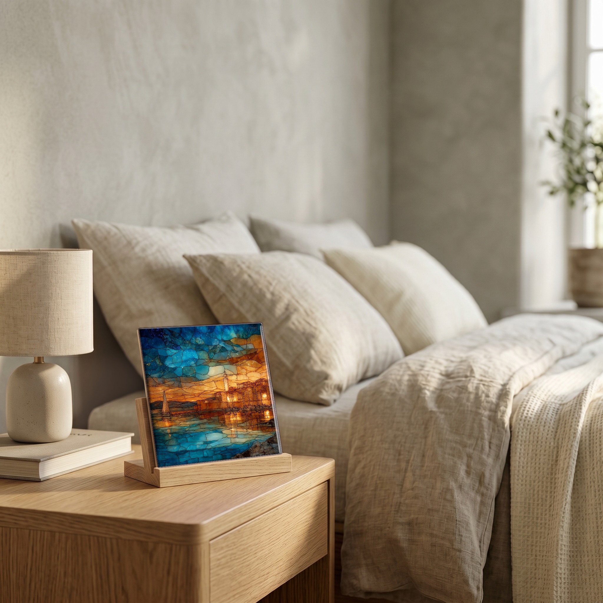 On the nightstand, on a light oak stand.