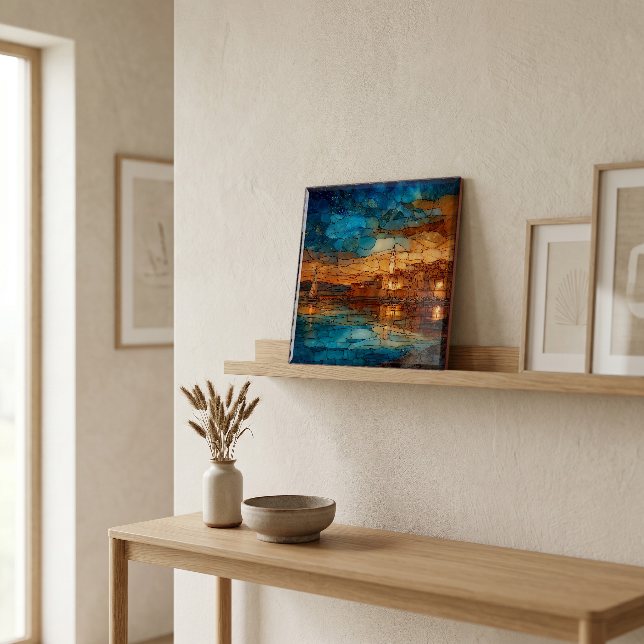 On a picture ledge, where the light comes in.