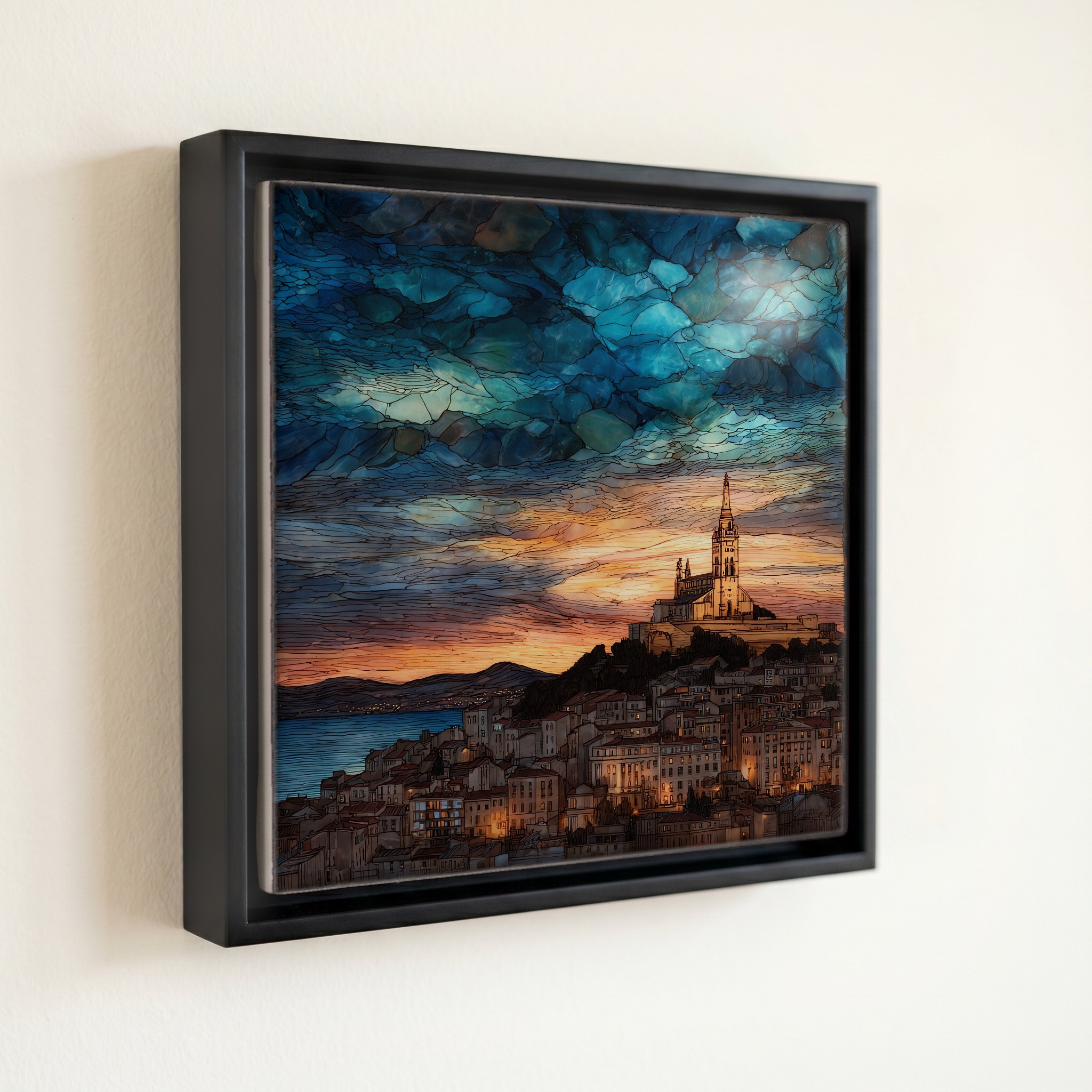 shown in a slim black floating frame · 6 × 6 in