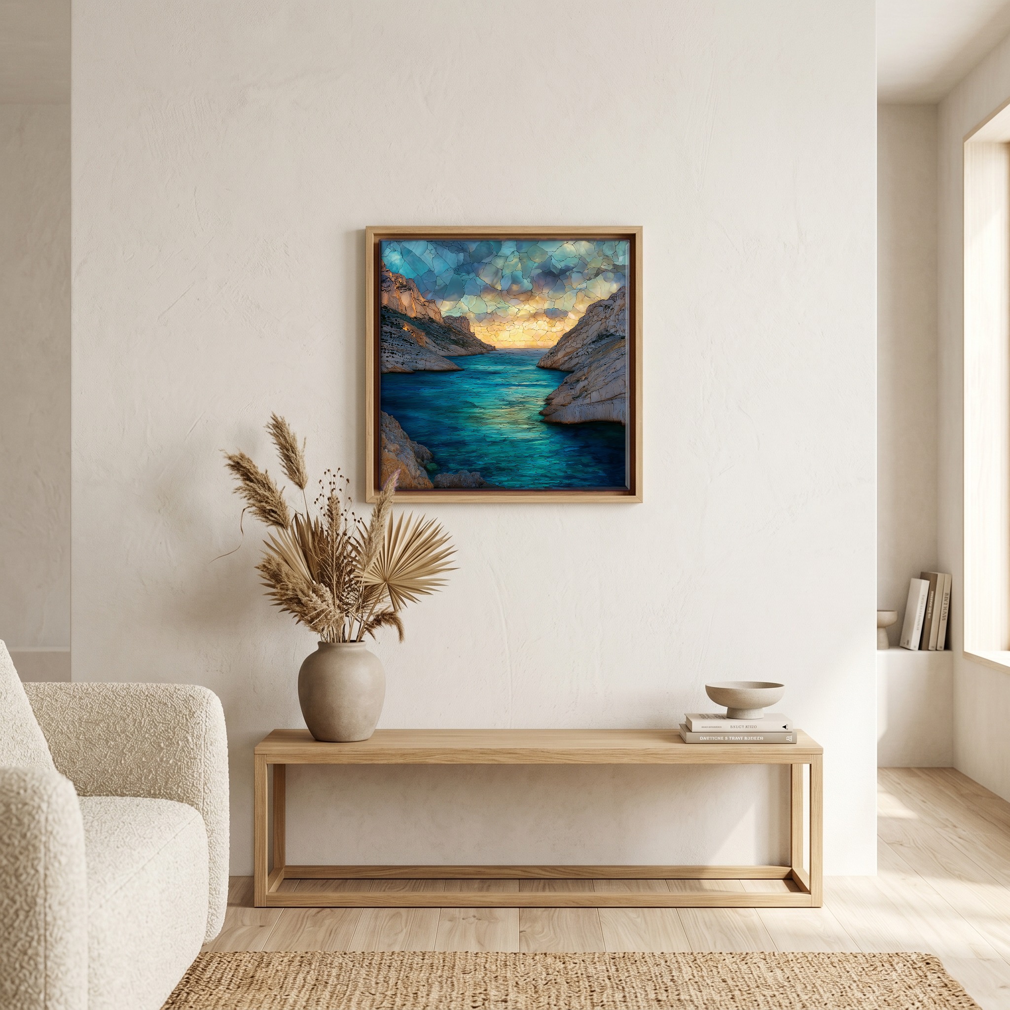 Above the bench, in a warm oak surround.