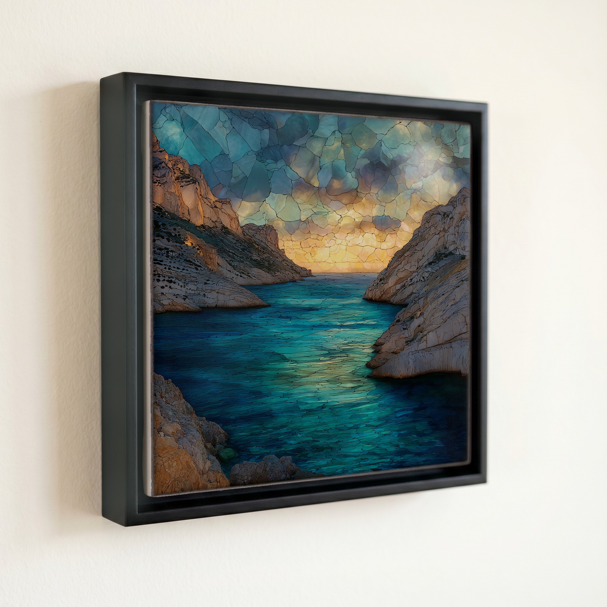 shown in a slim black floating frame · 6 × 6 in