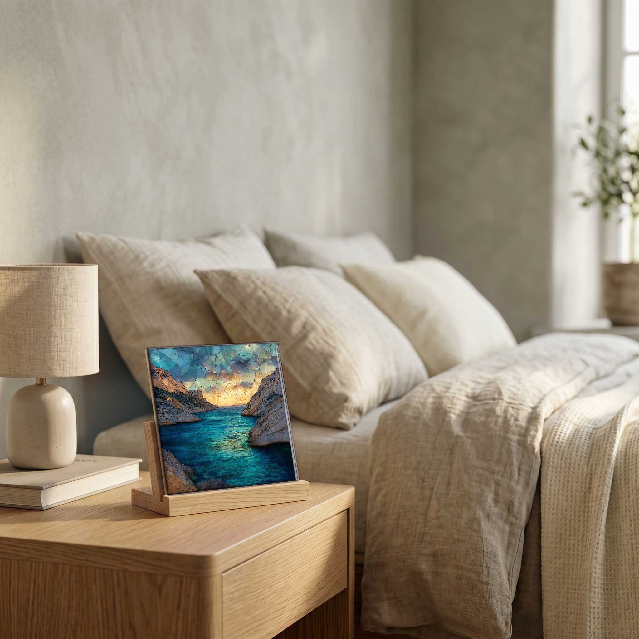 On the nightstand, on a light oak stand.