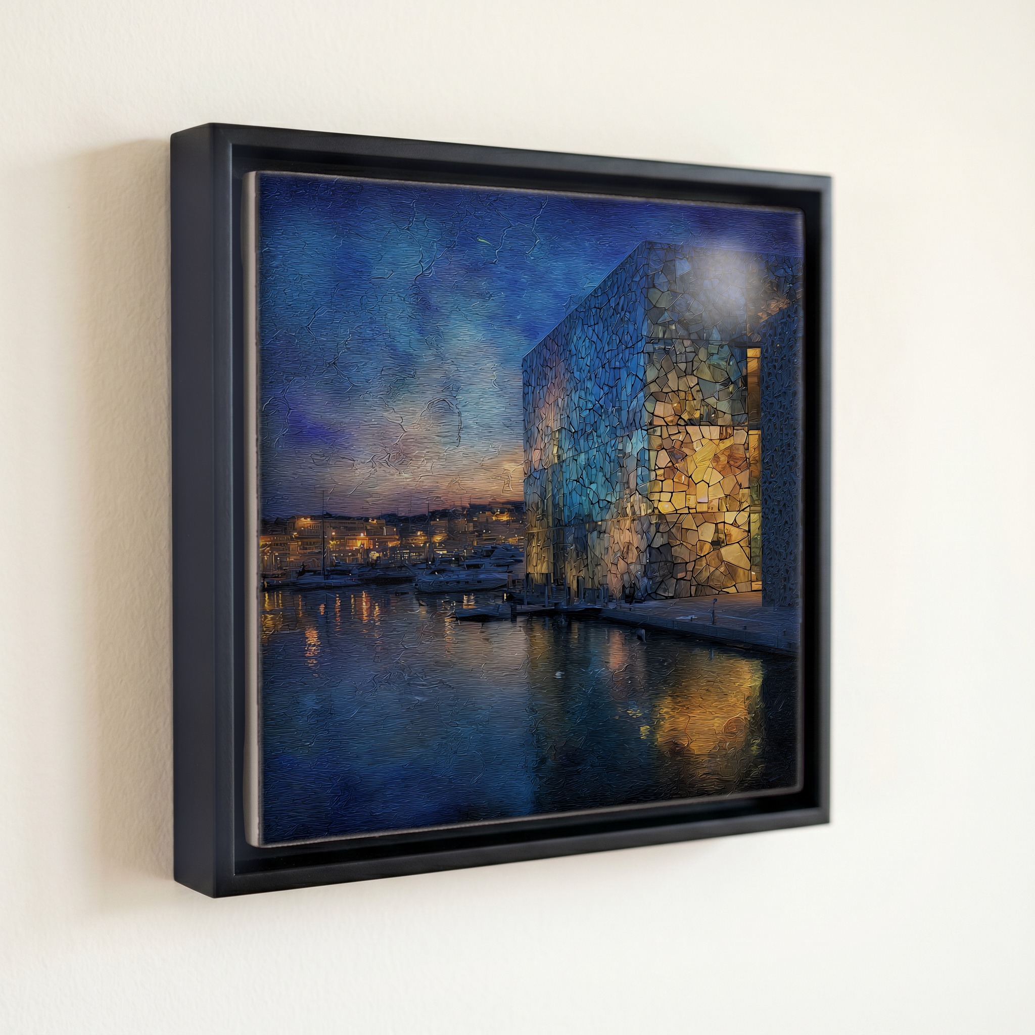 shown in a slim black floating frame · 6 × 6 in