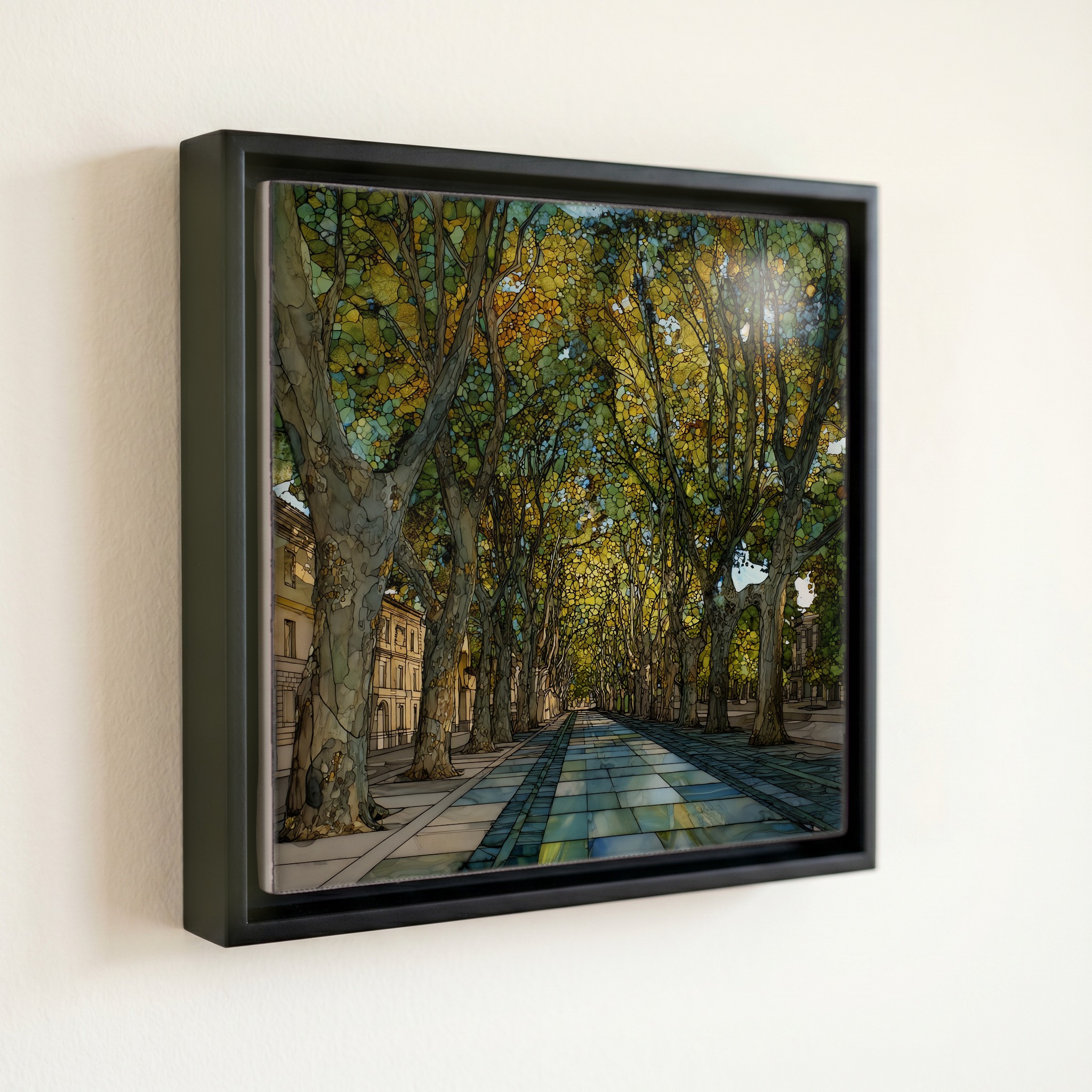 shown in a slim black floating frame · 6 × 6 in