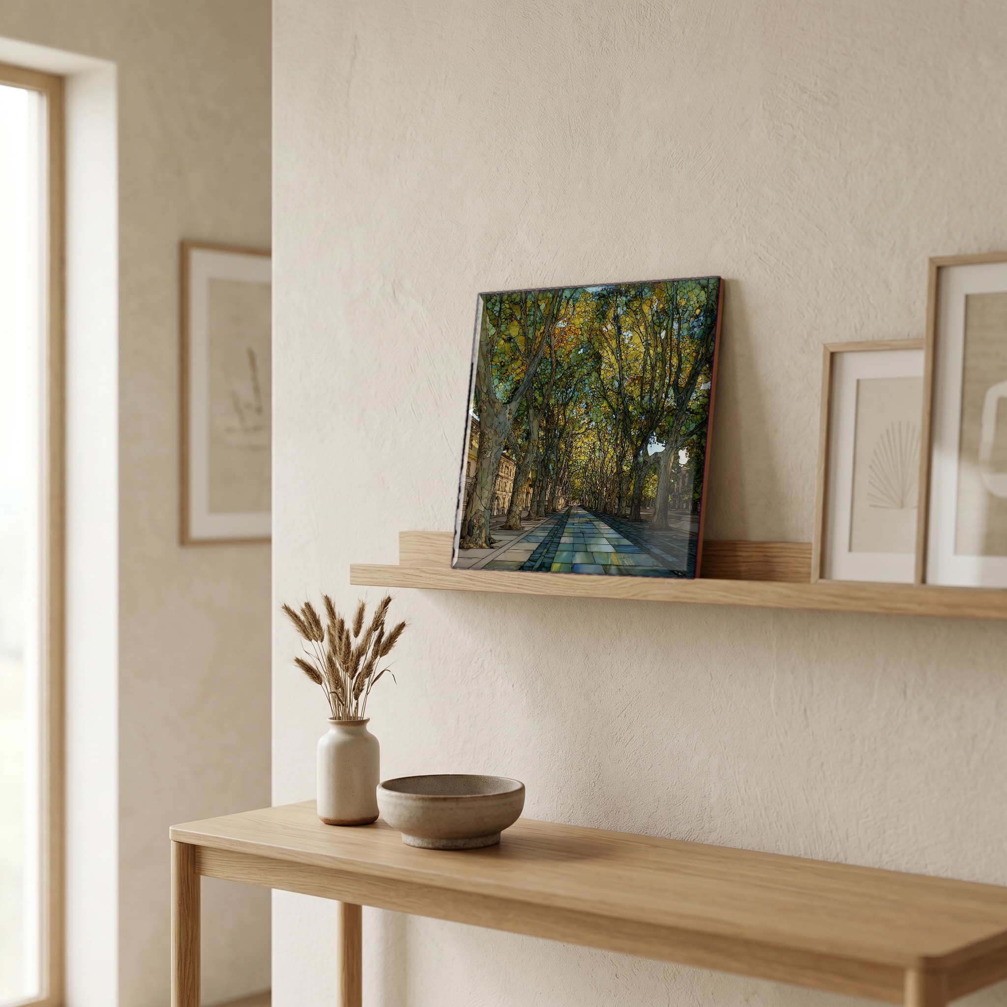 On a picture ledge, where the light comes in.