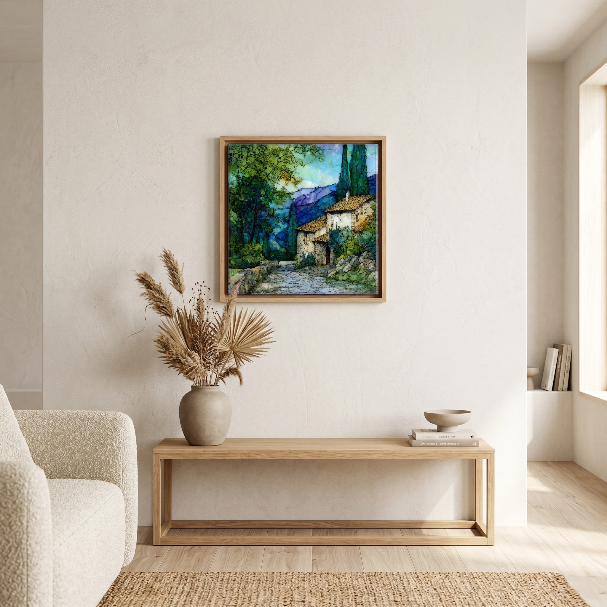 Above the bench, in a warm oak surround.