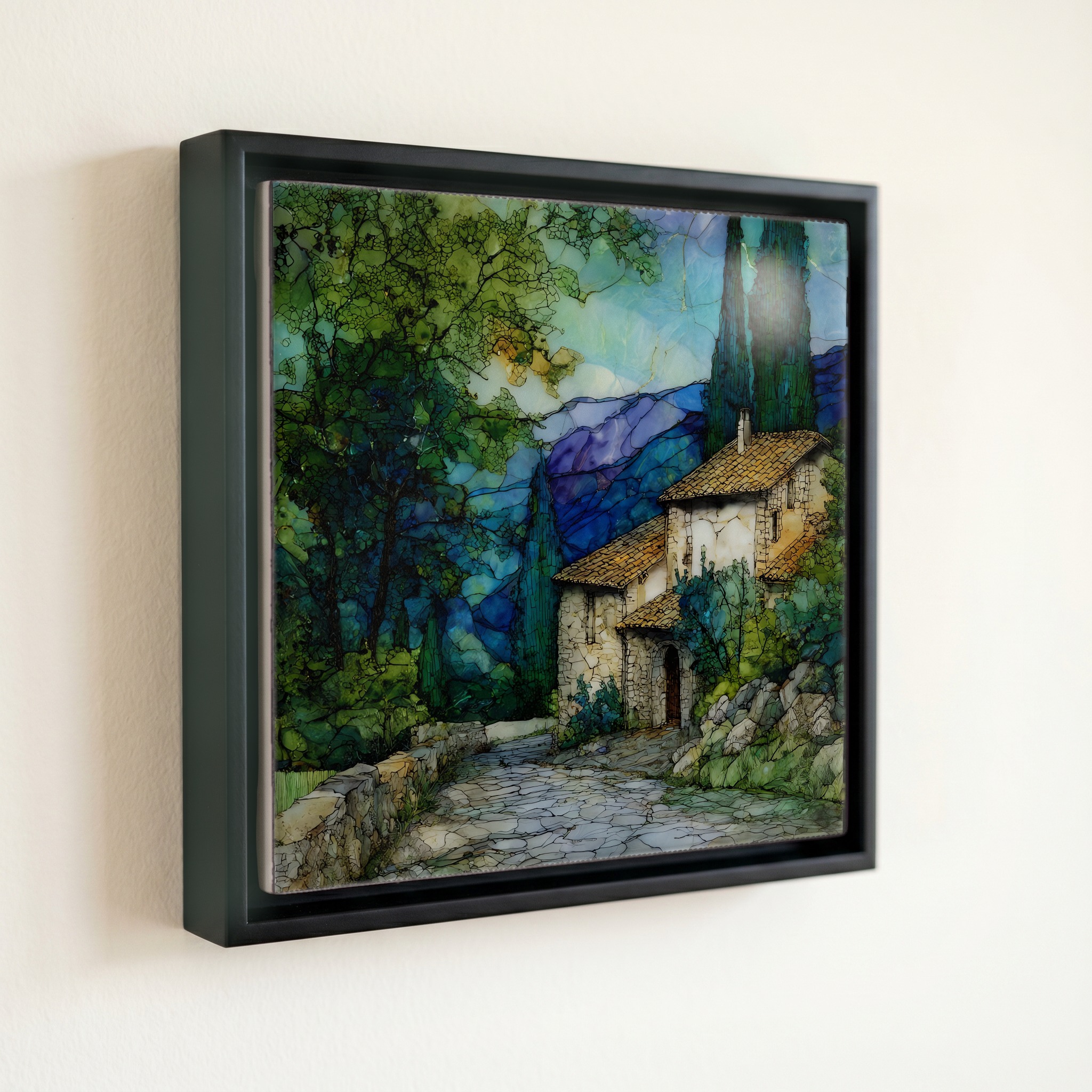shown in a slim black floating frame · 6 × 6 in