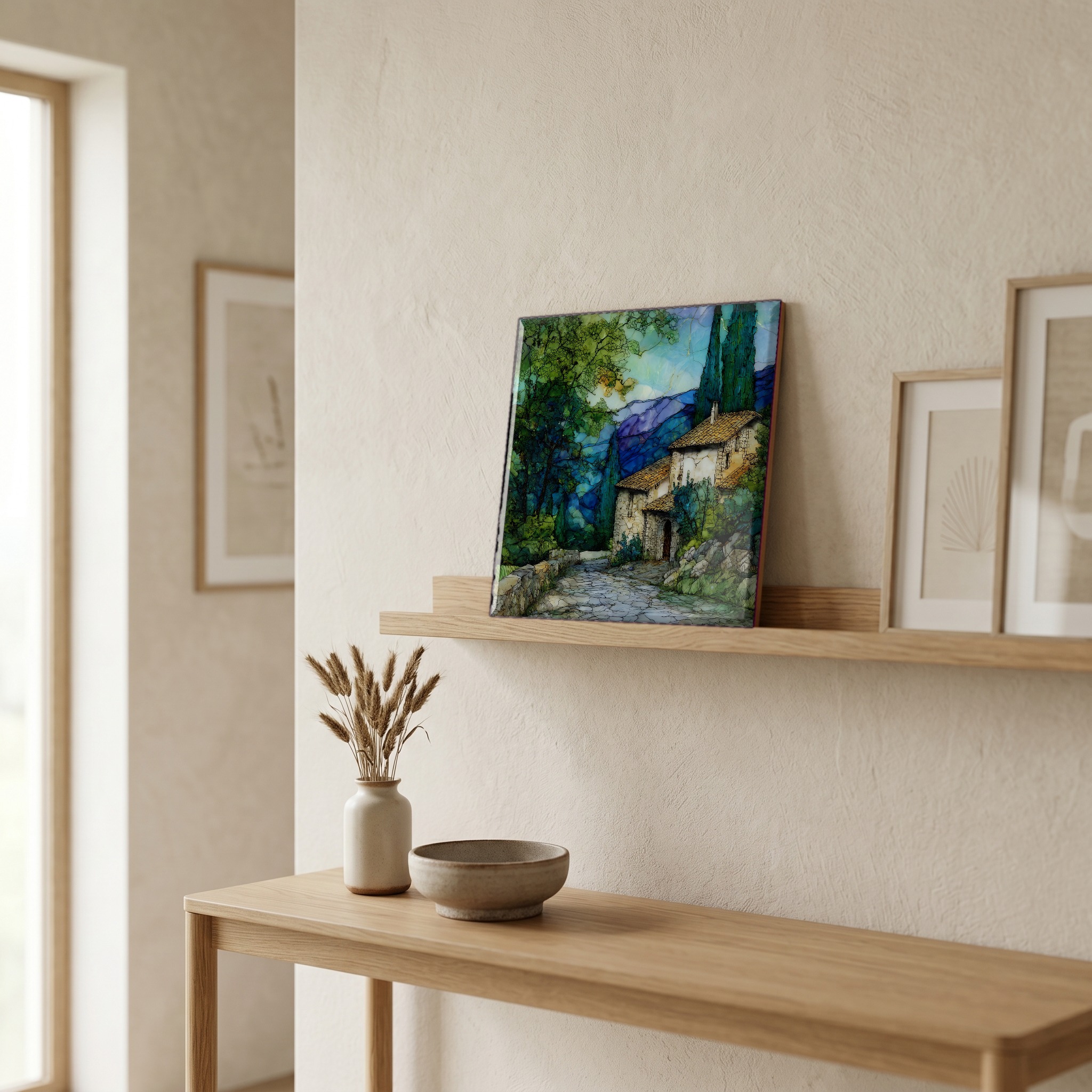On a picture ledge, where the light comes in.