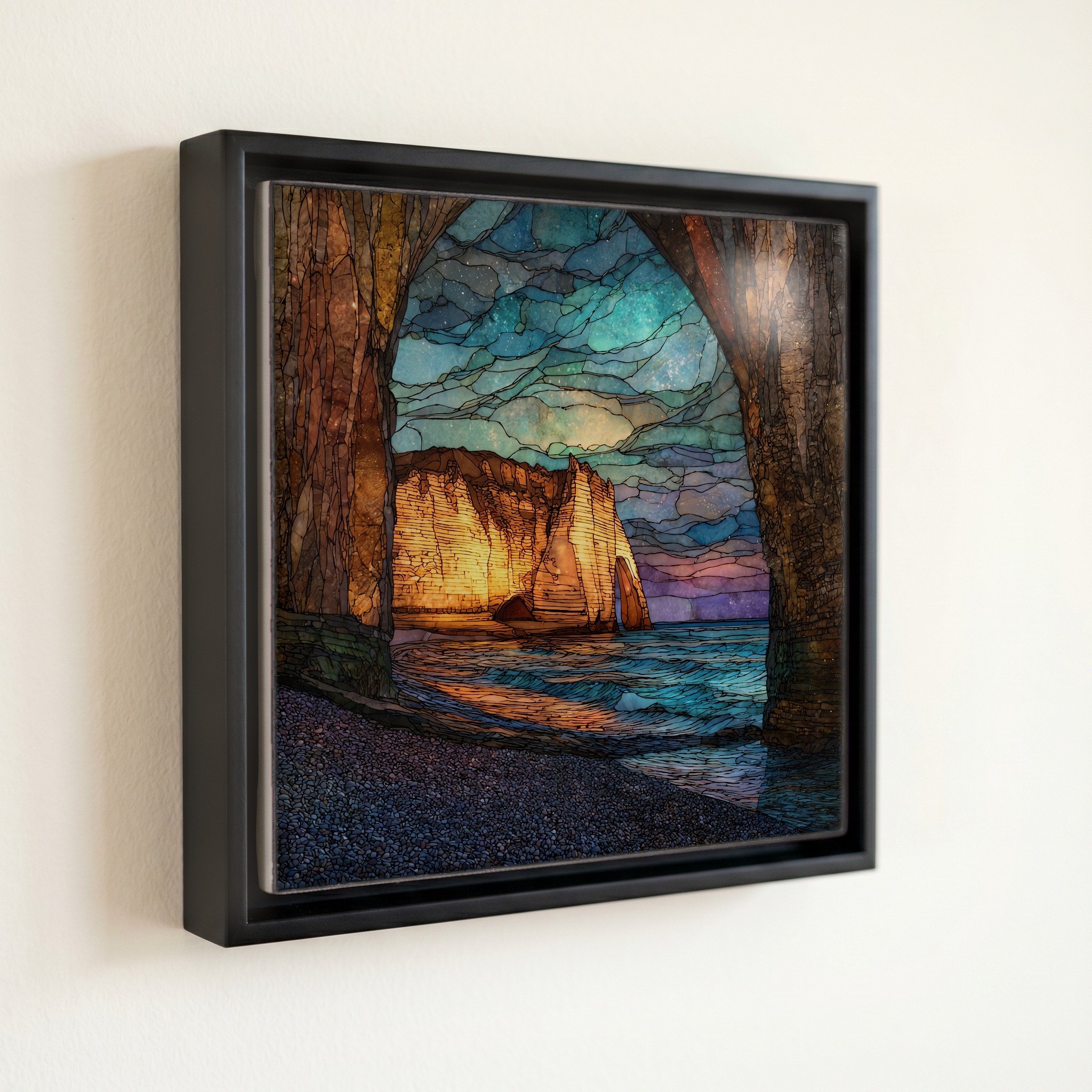 shown in a slim black floating frame · 6 × 6 in